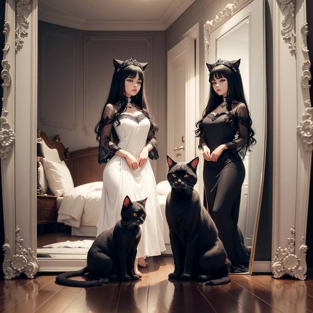 (an adorable black and white cat, hisses and paws at its reflection in a floor length mirror in a bedroom), (best quality,4k,8k,highres,masterpiece:1.2), ultra-detailed, realistic, HDR, studio lighting, extreme detail description, professional, vivid colors, bokeh, oil painting, inquisitive eyes, playful expression, fluffy fur, sharp claws, luxurious bedroom, elegant decor, ornate mirror frame, soft ambient lighting, shiny reflective surface, intricate patterns, hardwood floor, cozy atmosphere.