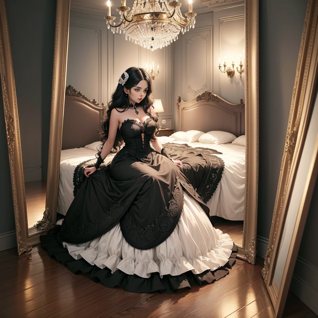 (an adorable black and white cat, hisses and paws at its reflection in a floor length mirror in a bedroom), (best quality,4k,8k,highres,masterpiece:1.2), ultra-detailed, realistic, HDR, studio lighting, extreme detail description, professional, vivid colors, bokeh, oil painting, inquisitive eyes, playful expression, fluffy fur, sharp claws, luxurious bedroom, elegant decor, ornate mirror frame, soft ambient lighting, shiny reflective surface, intricate patterns, hardwood floor, cozy atmosphere.