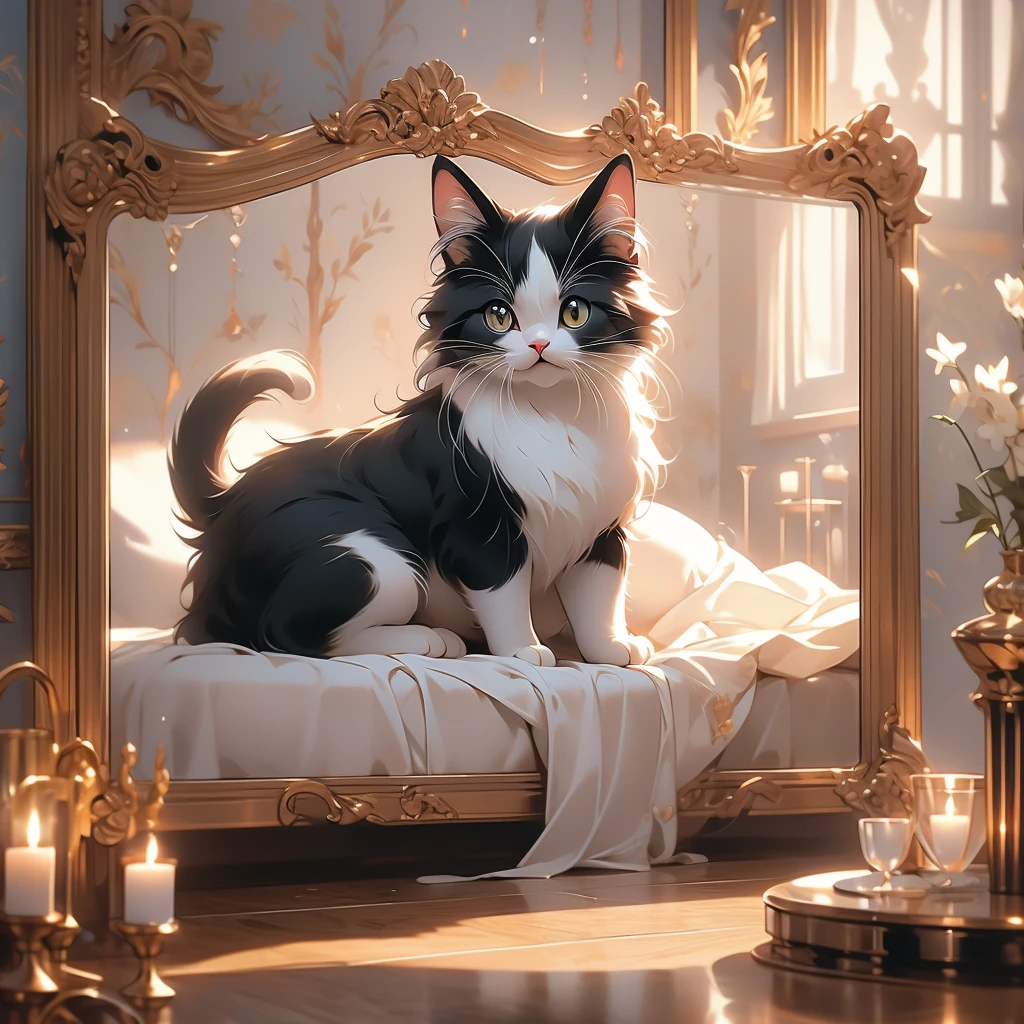 (an adorable black and white cat, hisses and paws at its reflection in a floor length mirror in a bedroom), (best quality,4k,8k,highres,masterpiece:1.2), ultra-detailed, realistic, HDR, studio lighting, extreme detail description, professional, vivid colors, bokeh, oil painting, inquisitive eyes, playful expression, fluffy fur, sharp claws, luxurious bedroom, elegant decor, ornate mirror frame, soft ambient lighting, shiny reflective surface, intricate patterns, hardwood floor, cozy atmosphere.