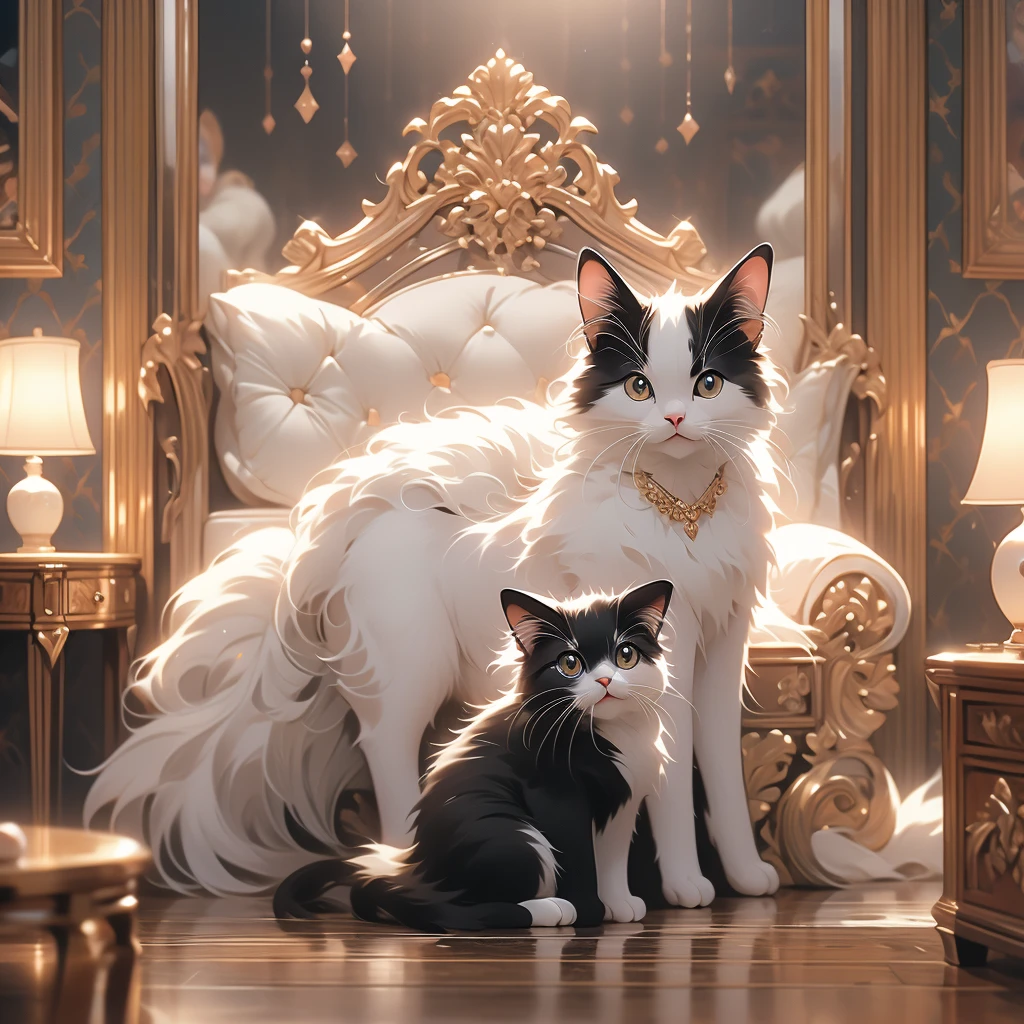 (an adorable black and white cat, hisses and paws at its reflection in a floor length mirror in a bedroom), (best quality,4k,8k,highres,masterpiece:1.2), ultra-detailed, realistic, HDR, studio lighting, extreme detail description, professional, vivid colors, bokeh, oil painting, inquisitive eyes, playful expression, fluffy fur, sharp claws, luxurious bedroom, elegant decor, ornate mirror frame, soft ambient lighting, shiny reflective surface, intricate patterns, hardwood floor, cozy atmosphere.