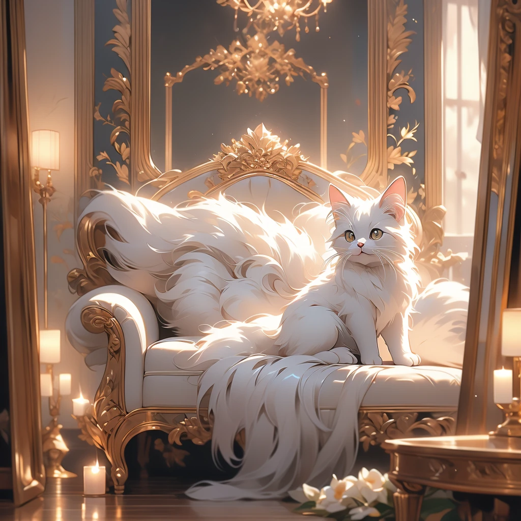 (an adorable black and white cat, hisses and paws at its reflection in a floor length mirror in a bedroom), (best quality,4k,8k,highres,masterpiece:1.2), ultra-detailed, realistic, HDR, studio lighting, extreme detail description, professional, vivid colors, bokeh, oil painting, inquisitive eyes, playful expression, fluffy fur, sharp claws, luxurious bedroom, elegant decor, ornate mirror frame, soft ambient lighting, shiny reflective surface, intricate patterns, hardwood floor, cozy atmosphere.