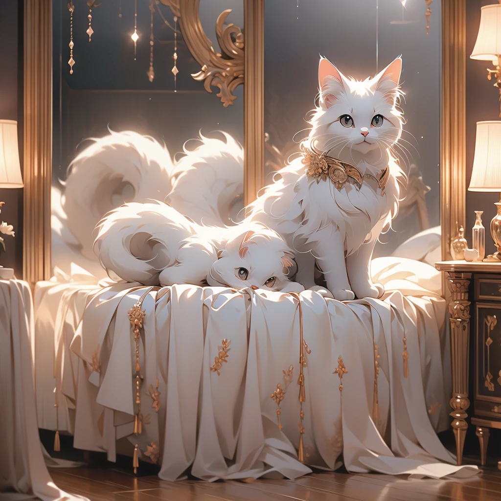 (an adorable black and white cat, hisses and paws at its reflection in a floor length mirror in a bedroom), (best quality,4k,8k,highres,masterpiece:1.2), ultra-detailed, realistic, HDR, studio lighting, extreme detail description, professional, vivid colors, bokeh, oil painting, inquisitive eyes, playful expression, fluffy fur, sharp claws, luxurious bedroom, elegant decor, ornate mirror frame, soft ambient lighting, shiny reflective surface, intricate patterns, hardwood floor, cozy atmosphere.