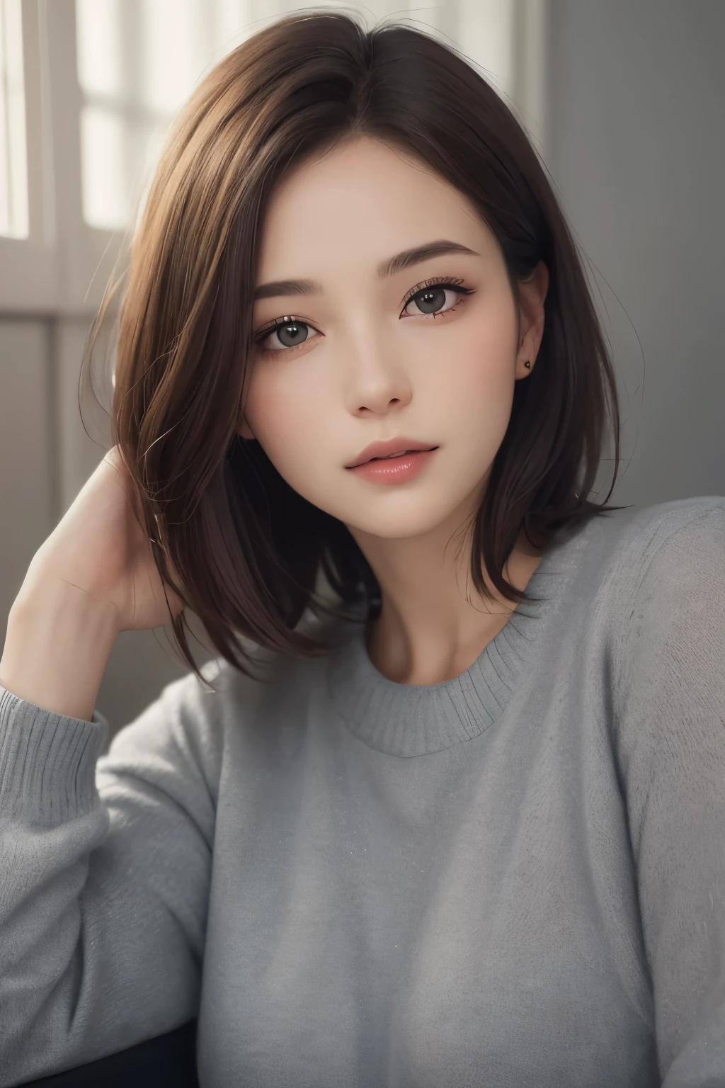 (Representative works:1.4)、(8K、realistic、Raw photo、best image quality:1.4)、(30 year old mature woman)、beautiful face、(realistic face)、(dark brown hair、short hair:1.3)、beautiful hairstyle、realistic eyes、detailed and beautiful eyes、(realistic skin)、beautiful skin、(sweater)、not adjusted、charm、超High resolution、Super realistic、High resolution、golden ratio、gray background