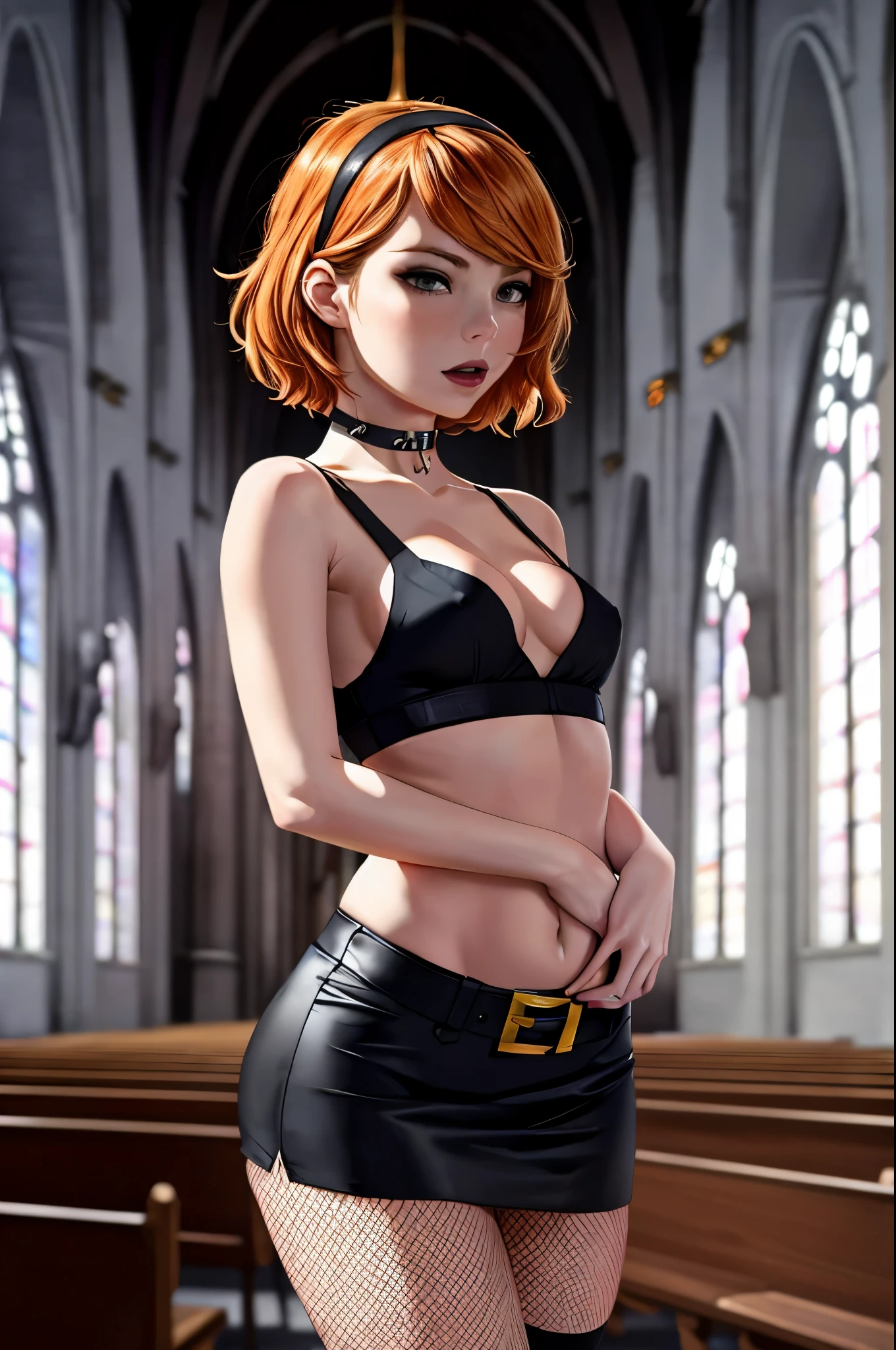 Emma Stone, masterpiece quality, lots of detail, realistic, in a cathedral, church pews in background, sexy pose, orange hair, short hair, wearing hairband, wearing choker collar, black lipstick, black eyeliner, wearing black crop top, midriff, wearing black miniskirt, wearing fishnet stockings, small breasts, (small breasts:1.4), thin body, (thin:1.3), lots of cleavage,