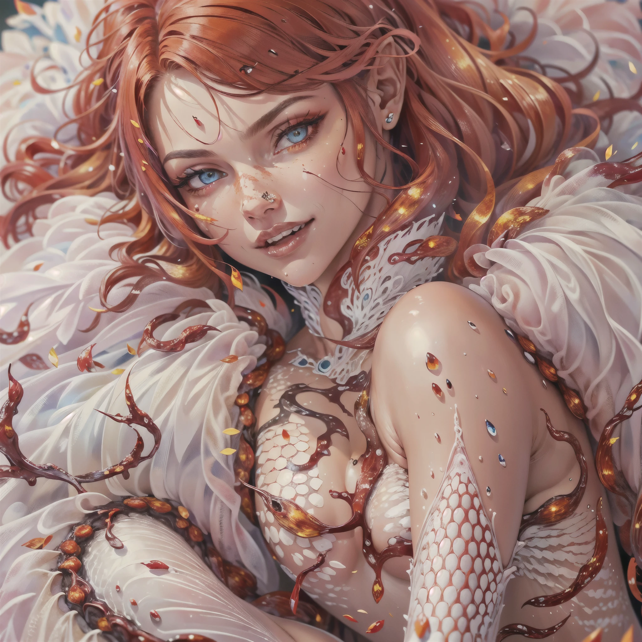 (best quality,4k,8k,highres,masterpiece:1.2), ultra-detailed, realistic, naked sexy woman with red glittering scales on her body, long fiery red hair with white highlights, very playful but mischievous smile, naked, nude, detailed crotch, detailed vulva, detailed pussy, sexy pose, spread legs, spread pussy lips, playful, bi-coloured eyes, heterochromia, lustful