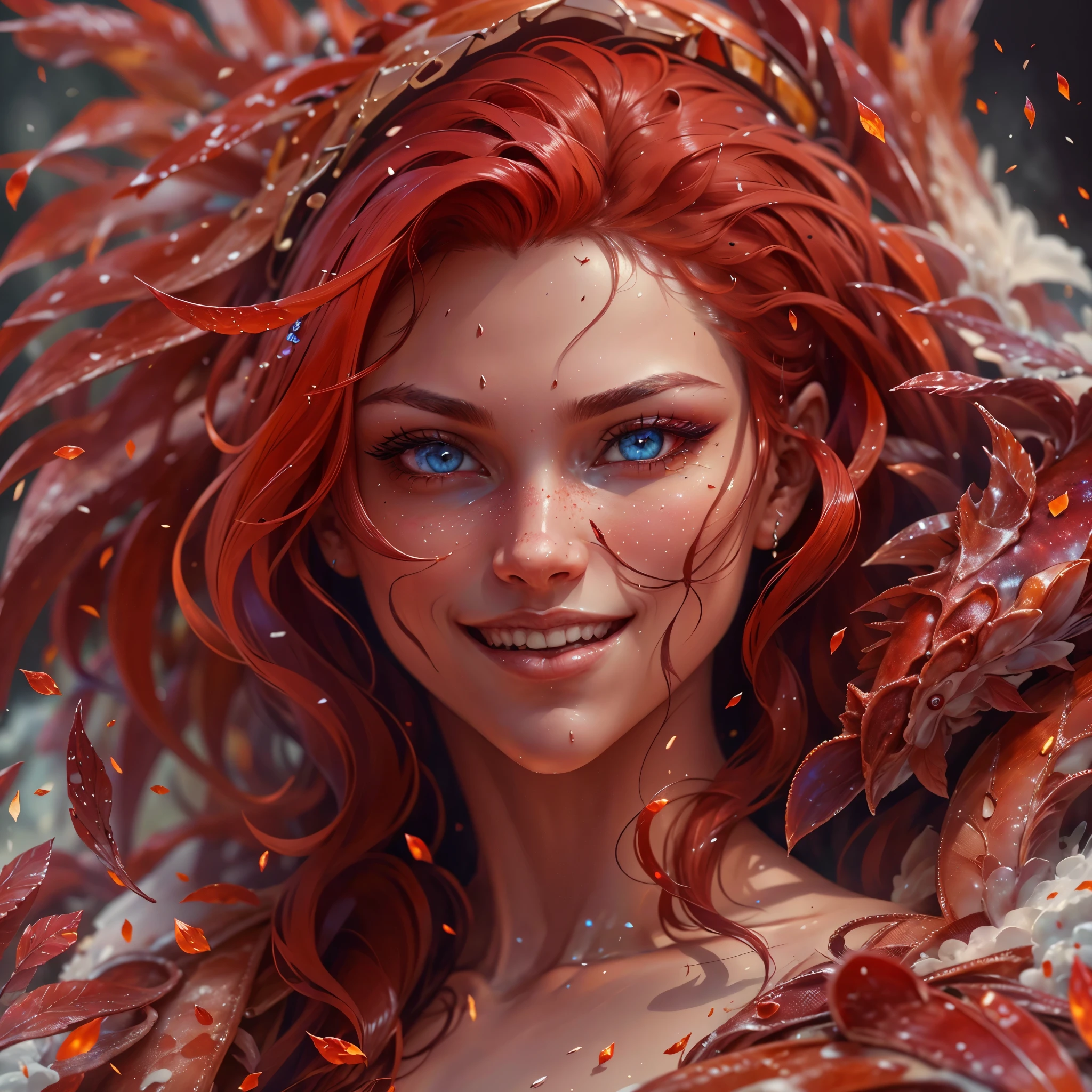 (best quality,4k,8k,highres,masterpiece:1.2), ultra-detailed, realistic, naked sexy woman with red glittering scales on her body, long fiery red hair with white highlights, very playful but mischievous smile, naked, nude, detailed crotch, detailed vulva, detailed pussy, sexy pose, spread legs, spread pussy lips, playful, bi-coloured eyes, heterochromia, lustful