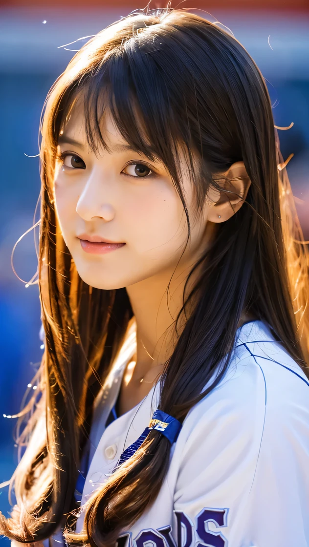 (Raw photo, highest quality)(8K, highest quality, masterpiece: 1.2), Super detailed, super resolution, (realistic, realistic photo: 1.37), portrait, High resolution raw color photos, professional photos, Beautiful in high resolution, very delicate and beautiful, 8K image wallpaper, amazing details, huge file size, high detailed beautiful girl, baseball uniform, Super detailed face, very fine eyes, Very fine skin, very small nose, highly detailed mouth, perfect anatomy, Happy,