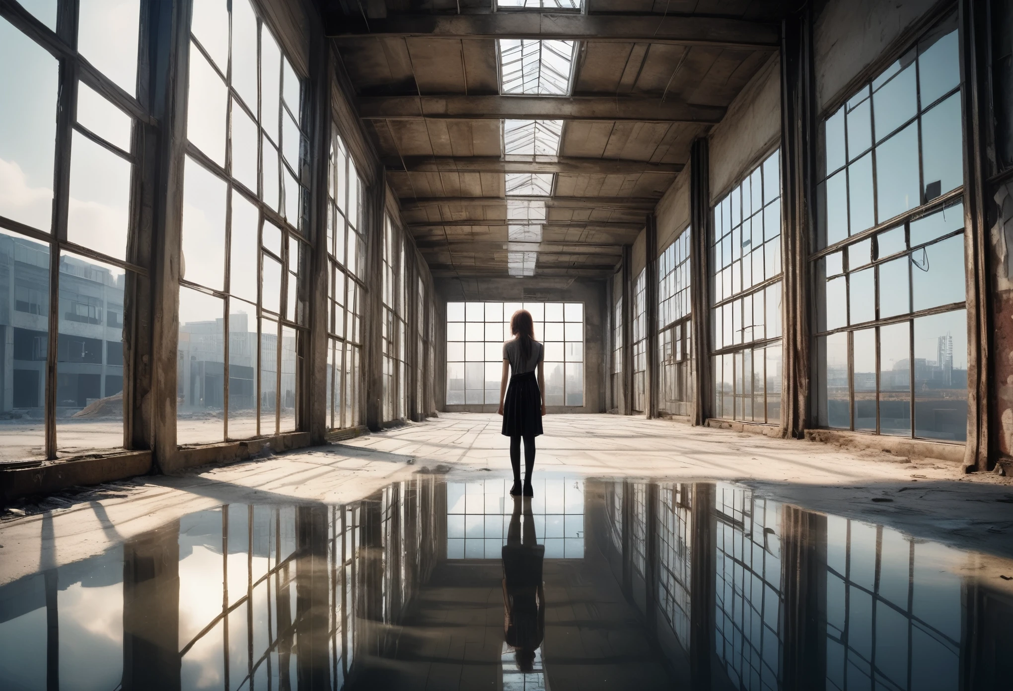  (ultra-realistic RAW photographic image, masterpiece, best quality:1.4), absurdres, huge filesize, You are looking at the back of a 25 year old female punk, she is standing in a vast abandoned warehouse, the view is isometric with a vanishing point perspective moving away to the distance, the woman is standing 3 feet from a bank of storey height windows that span the entire lefthand side of the building, the floor is covered with a thin layer of crystal clear water creating a perfect mirror reflection, reflecting the thousands of windows that dpan the building wall perfectly as if they were real, like god himself created this reflection, pure perfection, the woman and windows are mirrored in macro detail on the water's surface creating the most pristine symmetrical duplicate image ever beholden,