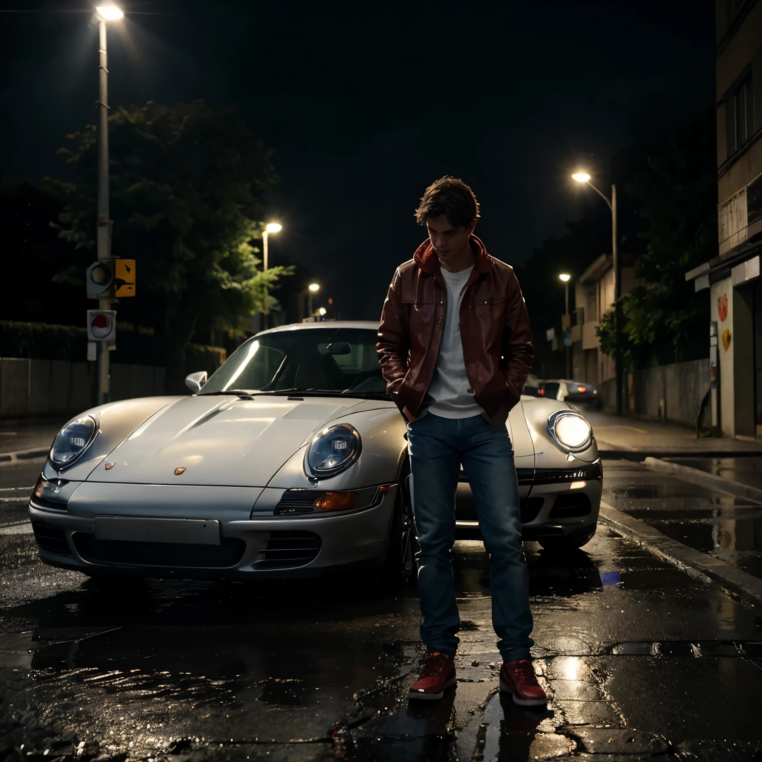 Descreva a cena de um jovem com capuz, vestindo um moletom vermelho e jeans, standing on the sidewalk on a rainy night. He is looking at a bright red Porsche 911 car passing on the road., Your admiration visible in your eyes. The light from the headlights reflects on the puddles of water around you, enquanto a chuva cai suavemente sobre ele. O som do motor potente ecoa no ar, misturando-se ao som da chuva. The boy remains motionless, captured by the elegance and speed of the car, dreaming of the day when you can be behind the wheel of such an impressive machine.
