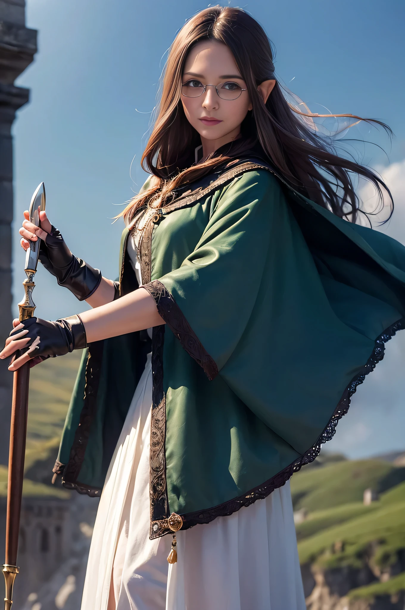 (((((girl))))), masterpiece, super detailed, 8K portrait, Raw photo, female portrait photography, full body, Highly detailed smile, ((fantasy)), (((hobbit))), ((adult)), 45 years old, 110cm, (((Alchemist))), ((sunburned skin)), (((Greenish dark brown long straight hair))), dull bangs, (((navy blue silk long cloak))) fluttering in the wind, (((white inner coat))), long skirt leather gloves, (((Glasses))), (((has a cane))), midday sun, surreal, slender body, Near the fog castle, environmental lighting, shadow details, focus the camera on the face, strong wind, light fog