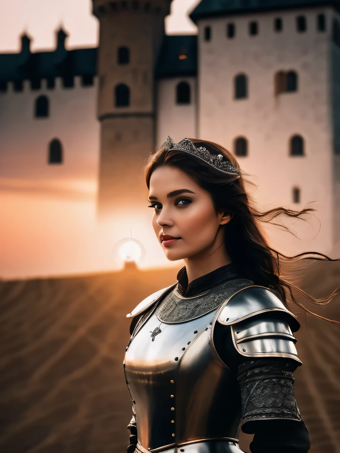 (masterpiece), (extremely intricate:1.3), (realistic), photo of a girl, the most beautiful in the world, (medieval armor), upper body, outdoors, far away castle, professional photograph of a stunning woman detailed, sharp focus, dramatic, award winning, cinematic lighting, volumetrics dtx, (film grain, blurry background, blurry foreground, bokeh, depth of field, sunset, motion blur:1.3), 4k, 8k, hd, hdr