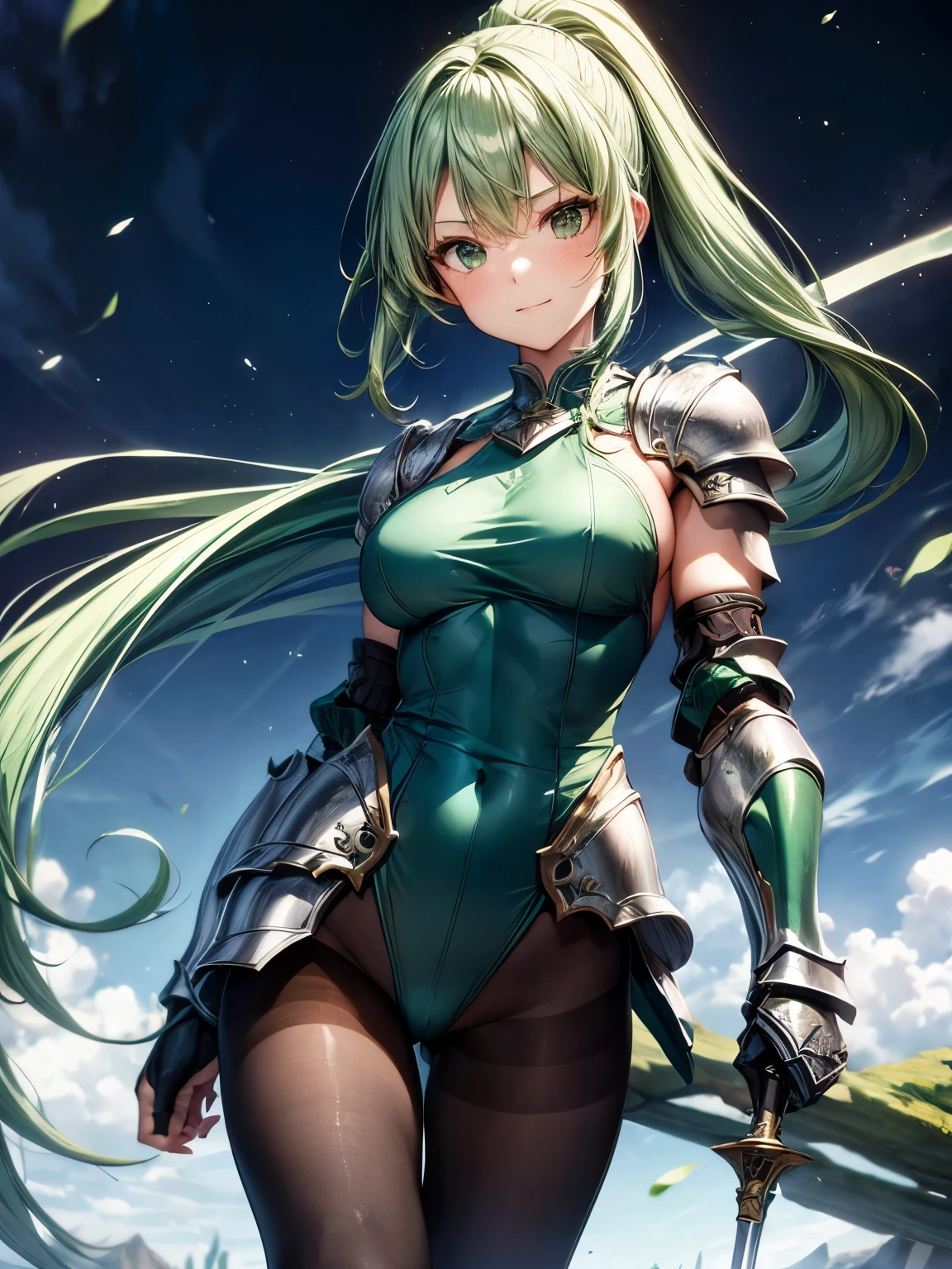 highest quality、complete limbs、one beautiful woman、(green haired woman:1.3)、long hair woman、ponytail woman、beautiful big breasted woman、big smile、female knight、(woman wearing green leotard:1.3)、((woman wearing black pantyhose))、((A woman equipped with full armor:1.5))、inside the cave、woman with serious face、((A woman brandishing a sword while running))