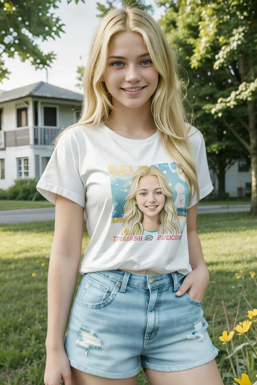 (Best quality, highres, ultra-detailed: 1.2), Blond teen girl, 18 years old, full body, radiant face, (blonde hair: 1.5), long wavy hair, (freckles: 0.4), white skin, blue eyes, natural makeup, freckled nose, casual outfit, (shorts and t-shirt: 1.3), playful expression, holding a cheerful ice cream cone, bright afternoon sun, colorful flowers in the background, grassy park, happy and carefree moments, (sunny day: 1.1), warm and inviting atmosphere, vivid colors, authentic and genuine teenage girl, (