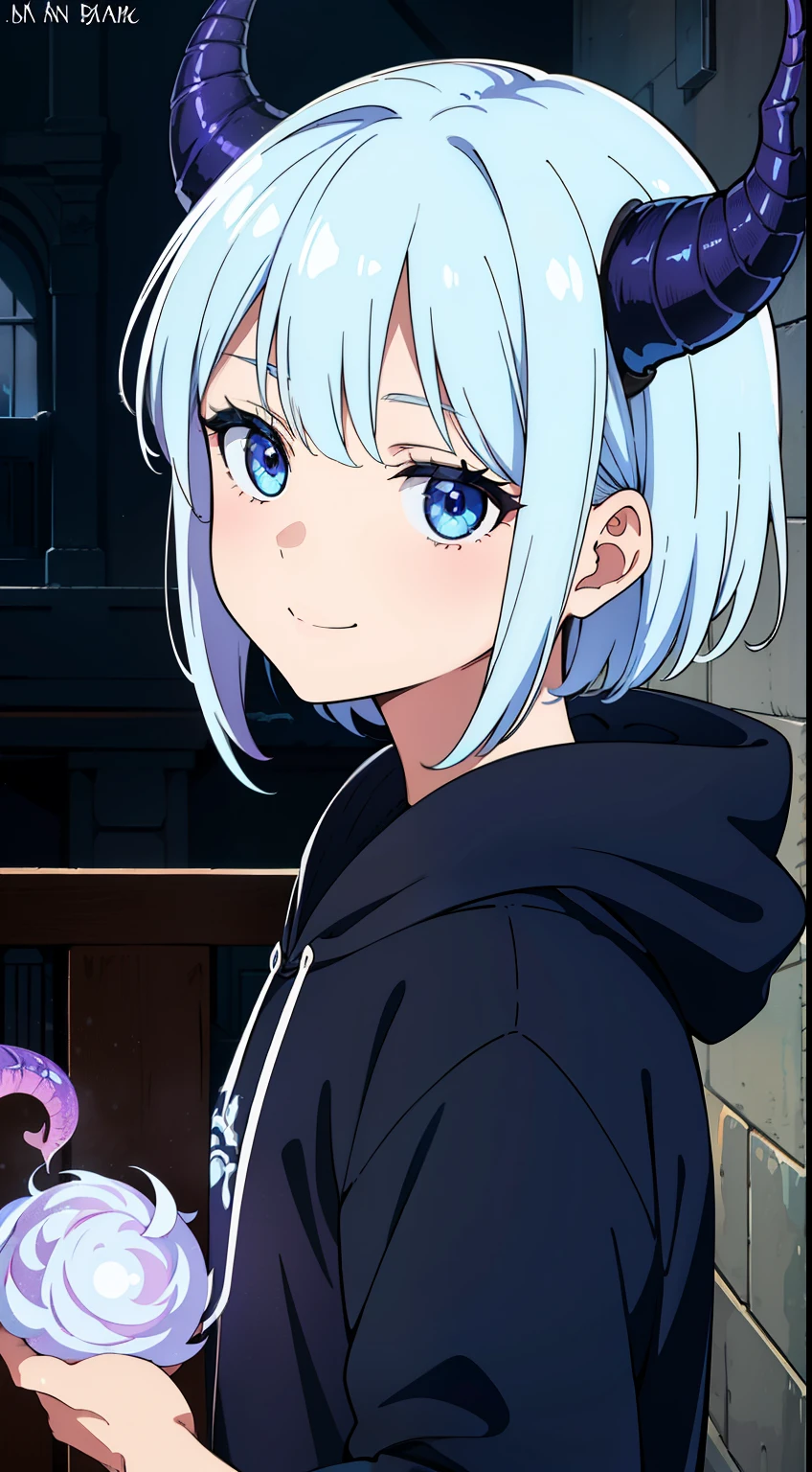 (high-quality, breathtaking),(expressive eyes, perfect face)(wide shot:0.9), 1boy, male, solo, , feminine face, light blue color hair, light blue eye color, spiky fluffy hair, short hair length, cute smile, 4" Height, cute face, childlike face, modern clothing, blue and black hoodie, white shirt, blue shorts, decals on clothing, accessories, dragon, dragon boy, small dragon horns, glowing bluish-purple horns, Symmetrical Eyes, portrait, headshot, positive expression, background school courtyard, fantasy dragon horns, au ra inspired, au ra horns, dragon scales, black horns with a swirl of bluy purple lines,
