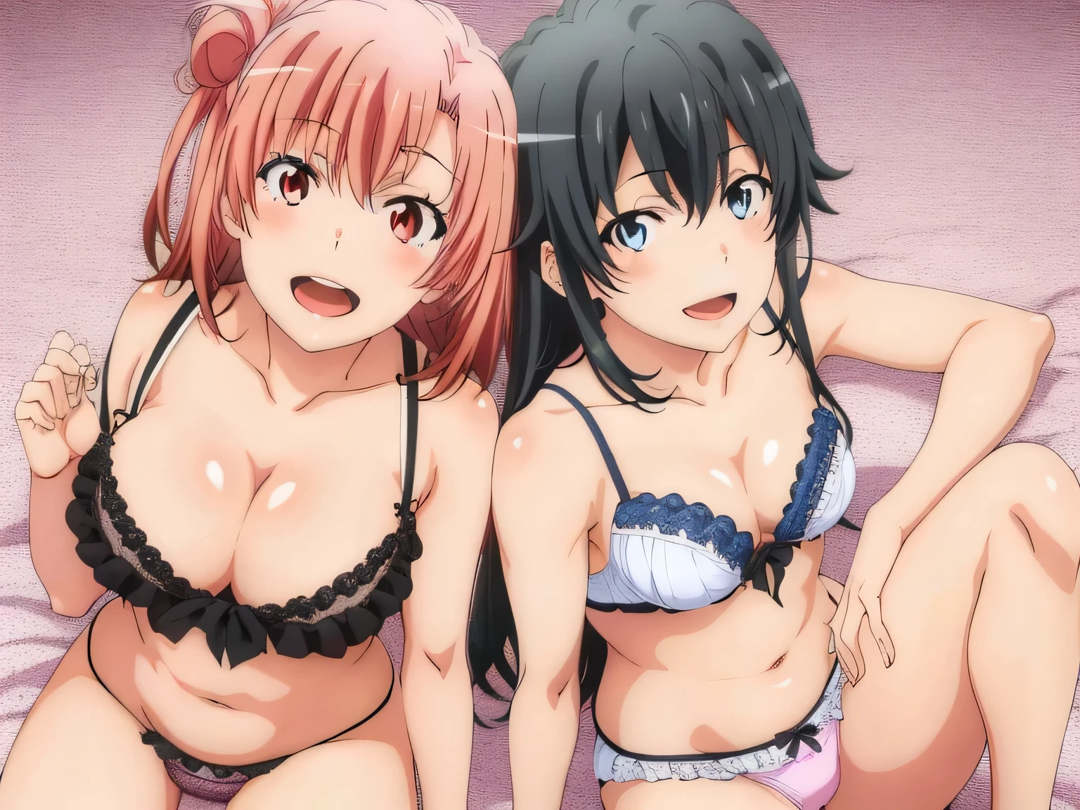 2 girls , Yukinoshita Yukino , yuigahama yui&#39;bust and thighs are great,In underwear,,squat forward,silk good,belly button,white panties,pink panties,thighs,knee calf,hold the calf with both hands,raise your legs,((high angle)),(beautiful eyes),open your mouth,smile,Insert your head