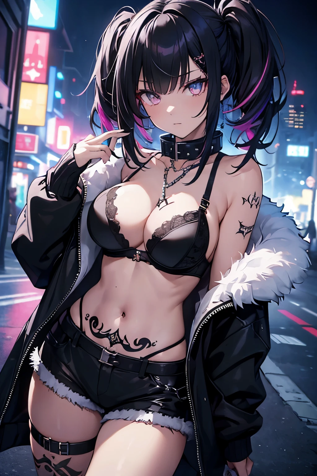 (masterpiece, best quality, dynamic lights), best quality, goth girl, short hair, twintails, spike collar, dark multicolor hair, large breasts, (dark glow, dark light), chains, fur jacket, shorts, bra, aura, city, tattoos of black serpents on body, panoramic view