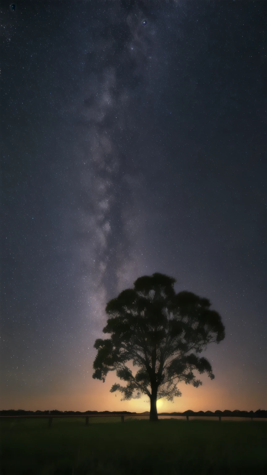 starry sky with a lone tree and fence in the foreground, milkyway light, milkyway, the sky has the milky way, night time australian outback, milky way, tree in a galaxy made of stars, galaxy, night sky photography, astrophotography, the milky way in the sky, with the sky full of stars, spectacular milky way, night sky, mikko lagerstedt