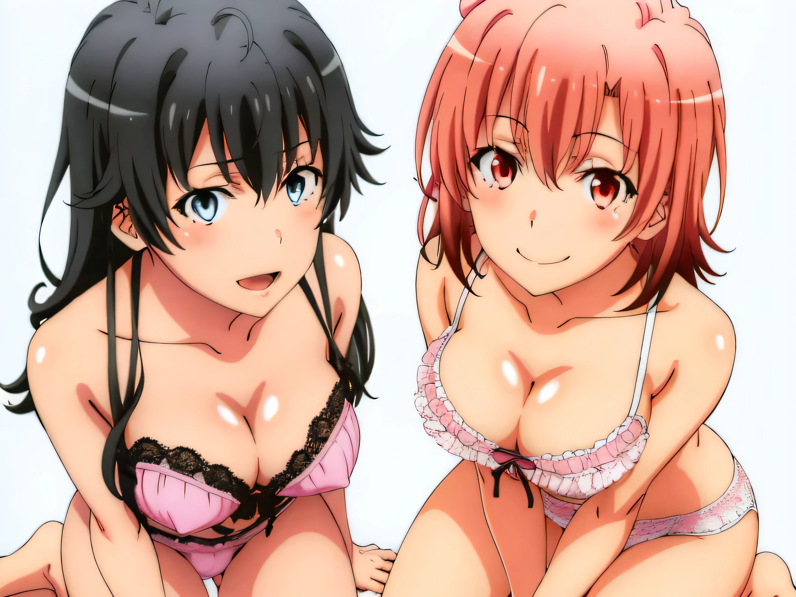 2 girls , Yukinoshita Yukino , yuigahama yui'bust and thighs are great,In underwear,,squat forward,silk good,belly button,white panties,pink panties,thighs,knee calf,hold the calf with both hands,raise your legs,((high angle)),(beautiful eyes),open your mouth,smile,Insert your head