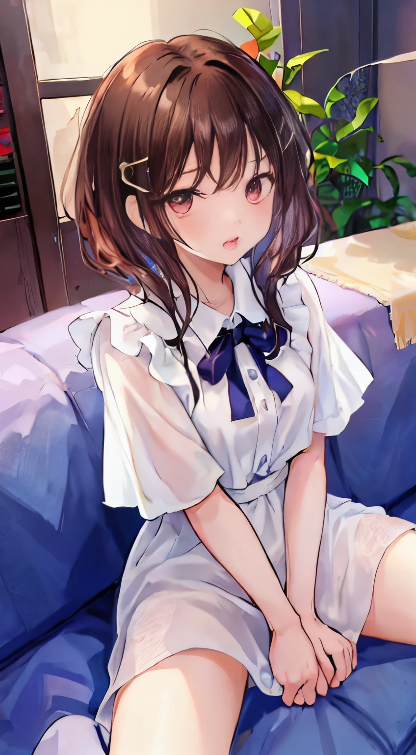 Male and female couples in their 20s、1 male, woman1 name、Please come dressed lightly for both men and women.、kiss、Glossy atmosphere、saliva spills、woman（medium long brown hair）close ~ eye、sweet sigh、male person（black short hair、put your right hand on the woman&#39;s cheek）tightly close your eye、With background（room、sofa）、the night deepens、dark、anatomically accurate limbs、the girl is a little thin、I can see my underwear,(((sexual position cowgirl))),girl sitting on the man,sex,vaginal sex,detailed race panties,spreading her legs and man eating hair pie,(((man eating hair pie))),((cunnilingus))