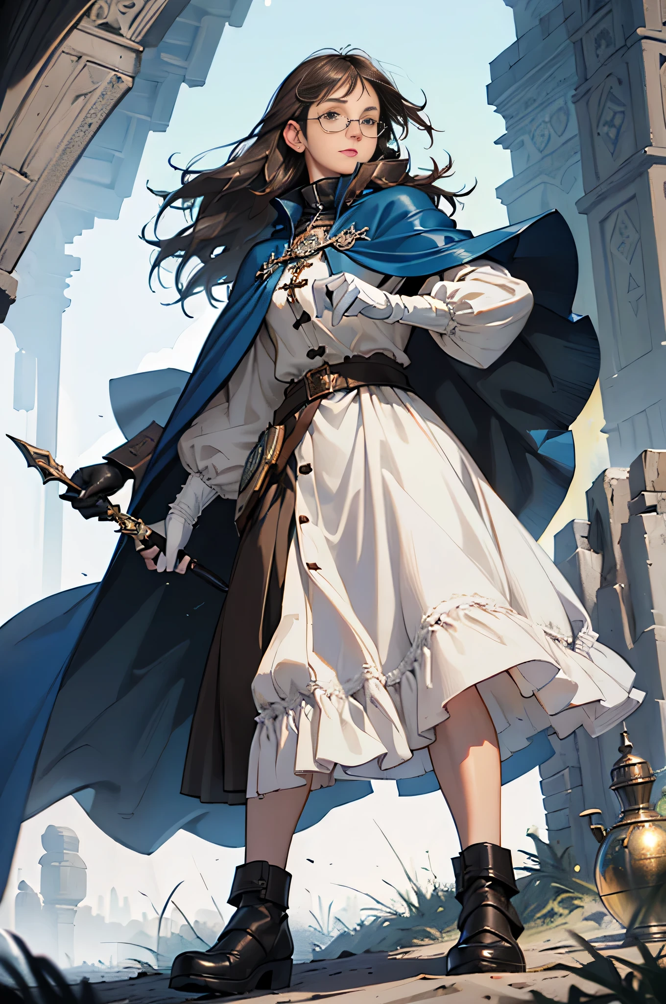 (((((girl))))), masterpiece, super detailed, 8K portrait, Raw photo, female portrait photography, full body, Highly detailed smile, ((fantasy)), (((hobbit))), ((adult)), 45 years old, 110cm, (((Alchemist))), ((sunburned skin)), (((Greenish dark brown long straight hair))), (((dull bangs))), (((navy blue silk long cloak))) fluttering in the wind, (((white inner coat))), long skirt leather gloves, (((Glasses))), (((has a cane))), midday sun, surreal, slender body, Near the fog castle, environmental lighting, shadow details, focus the camera on the face, strong wind, light fog