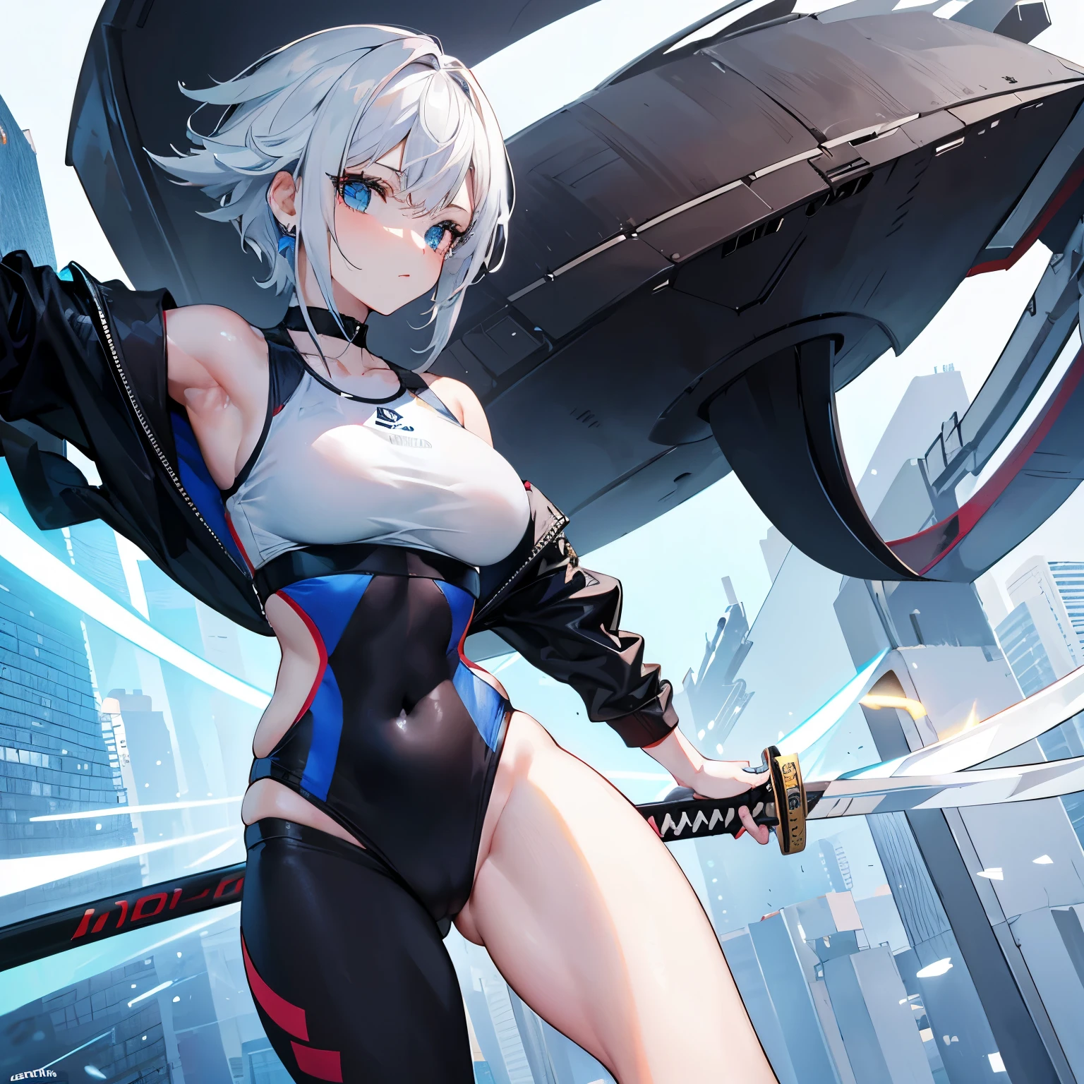Mulher bonita, jaleco branco, with a black swimsuit, sports sneakers, cabelo branco em corte curto, olhos azuis, slim appearance, elegante, segurando uma katana, olhar misterioso, Setting of a futuristic city, parada.