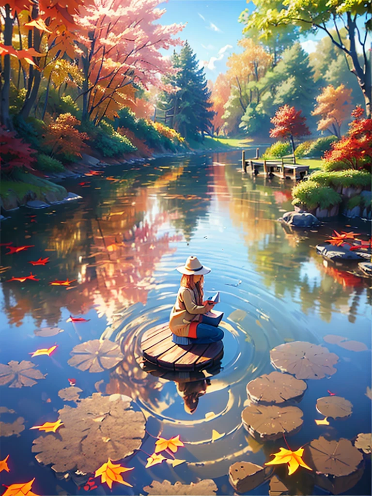 (best quality,4k,8k,highres,masterpiece:1.2),ultra-detailed,realistic,autumn scenery,girl reflected on lake surface,colorful leaves,floating in the water,golden sunlight filtering through trees,peaceful atmosphere,serene expression on girl's face,red and orange hues,crimson reflections on the lake,gentle breeze rustling leaves,ripples on the water's surface,warm sweater and jeans,holding a cup of hot tea,fallen leaves carpeting the ground,small wooden dock extending into the lake,soft light illuminating the scene,endless horizon of trees against the blue sky,tranquil ambiance,harmony with nature.