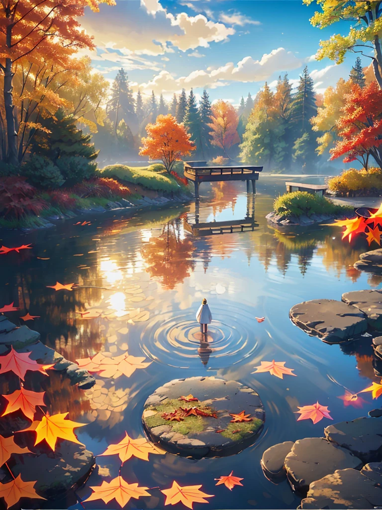 (best quality,4k,8k,highres,masterpiece:1.2),ultra-detailed,realistic,autumn scenery,girl reflected on lake surface,colorful leaves,floating in the water,golden sunlight filtering through trees,peaceful atmosphere,serene expression on girl's face,red and orange hues,crimson reflections on the lake,gentle breeze rustling leaves,ripples on the water's surface,warm sweater and jeans,holding a cup of hot tea,fallen leaves carpeting the ground,small wooden dock extending into the lake,soft light illuminating the scene,endless horizon of trees against the blue sky,tranquil ambiance,harmony with nature.