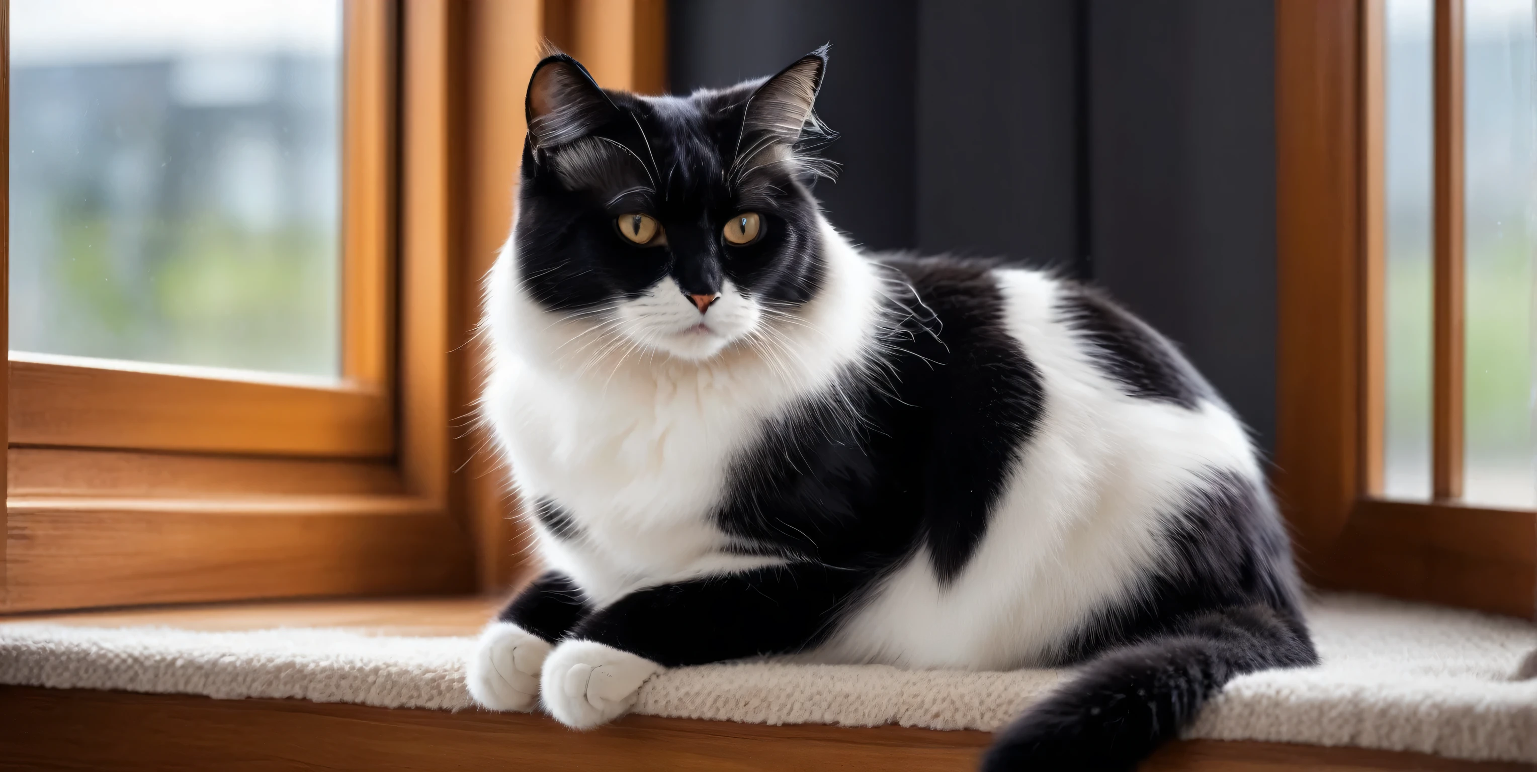 ((black and white honey cat sitting))looking out the window,indoor,masterpiece,highest quality,cute,Futebuteshi,fun,happiness,,stylish natural interior,anatomically correct,
