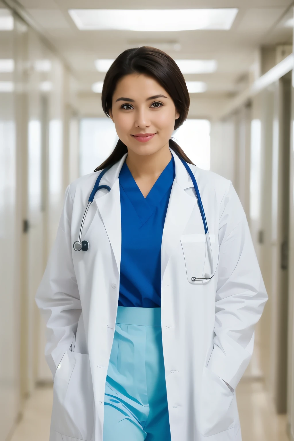 (best quality,ultra-detailed,realistic:1.37),medical woman in white front view,perfect eyes,portrait,photography,professional,soft lighting,fresh colours,sharp focus,healthcare,clinic,nurse,modern,beautiful smile,surgical mask,caring,compassionate,clean environment,modern technology,friendly atmosphere,calm and serene ambiance,high-res image,medical professional,expertise in patient care,hospital equipment,professional attire,medical tools,sterile environment,attention to detail,expert in her field,efficiency and precision,in good health,bright background,confident posture,kind eyes,bright and spacious room,medical expertise,up-to-date facilities,caring touch,sympathetic expression.
