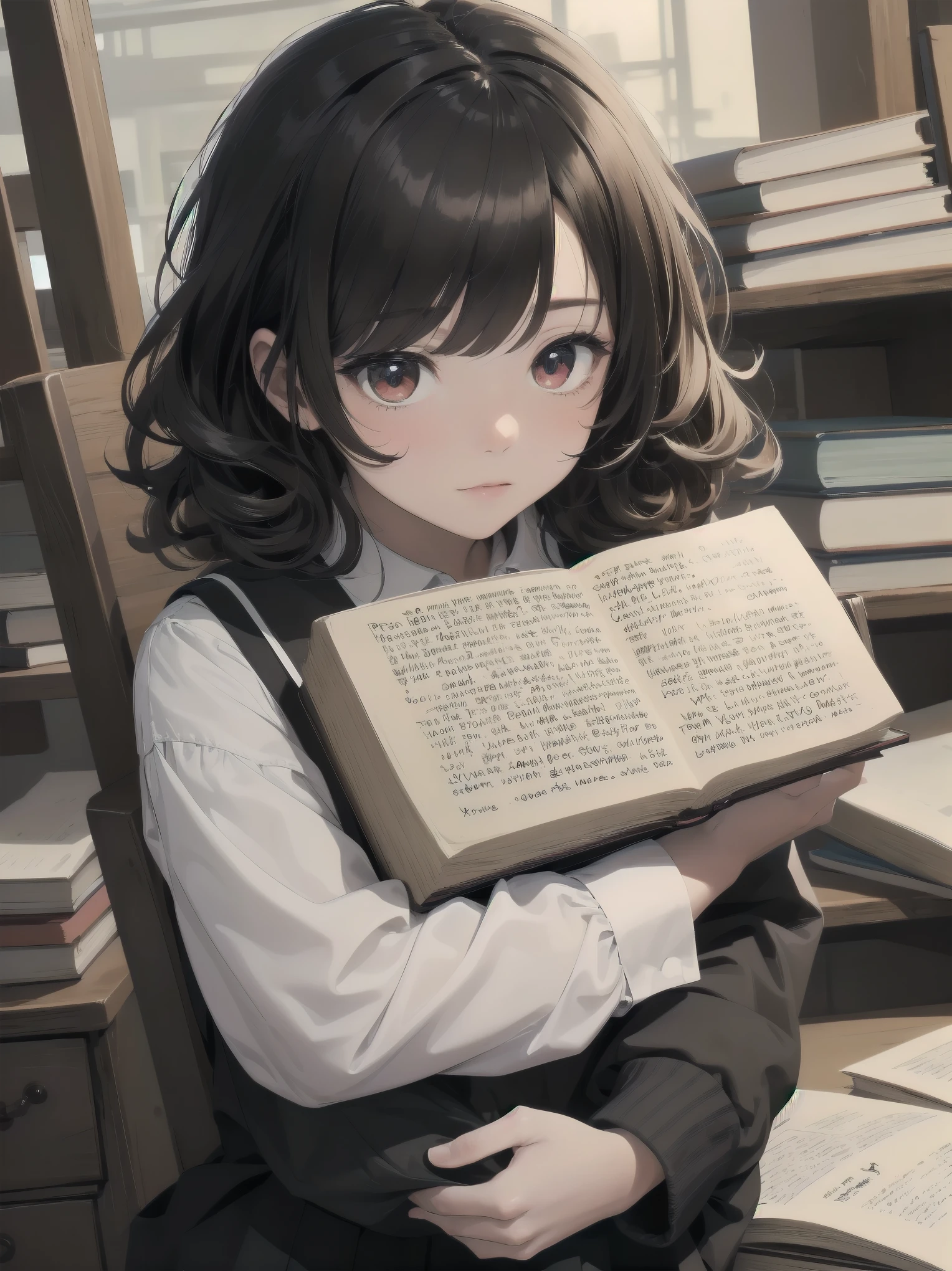 Masterpiece, high quality illustration, adorable cute schoolboy, crusty eyes, curly hair, soft hair, cute bangs, red eyes, soft and fluffy black and white, hugging a book, adorable, detailed description