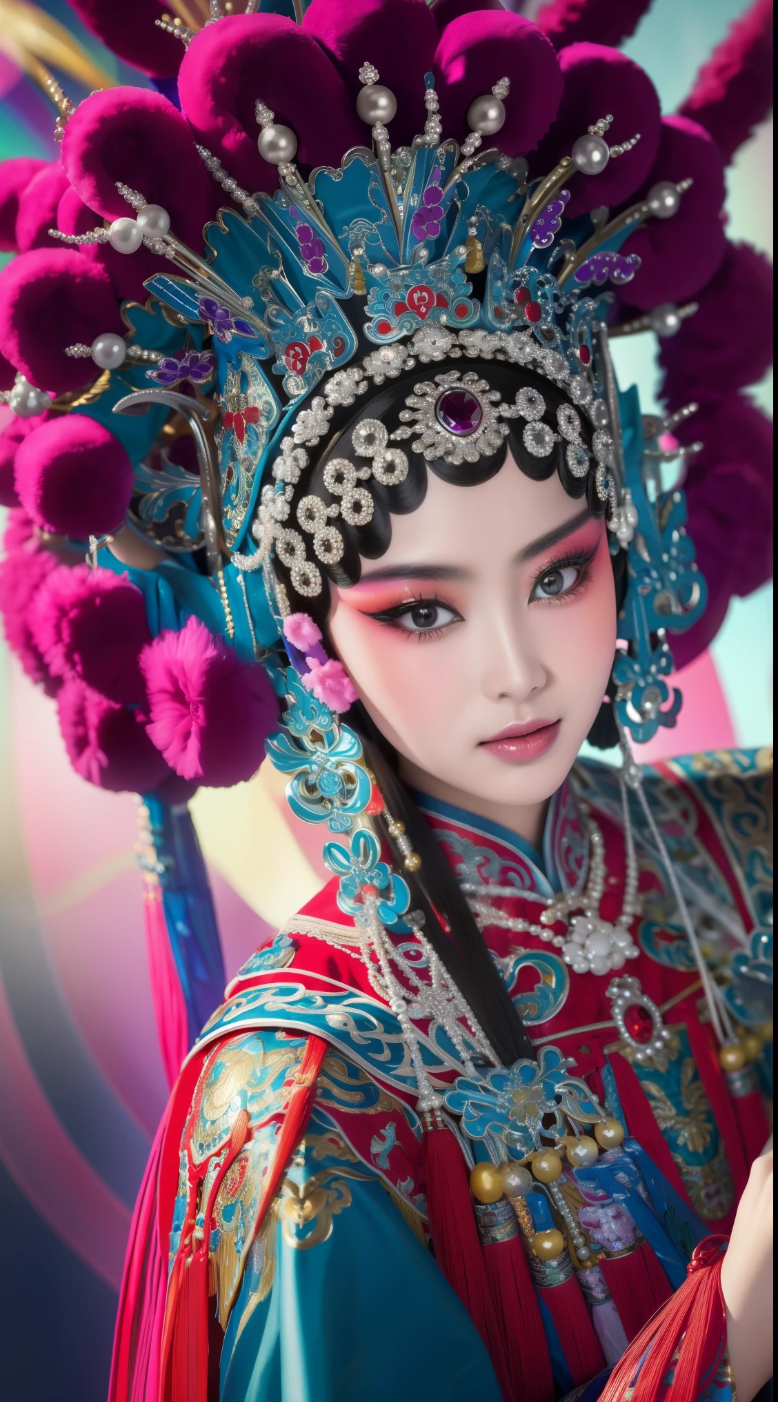 Masterpiece, Best quality, Masterpiece, Best quality, 1girll, beijing opera,tchibi，（tmasterpiece，top Quority，best qualtiy，offcial art，Beauty and aesthetics：1.2），（1girll：1.3），The is very detailed，（s fractal art：1.1），Most detailed，（ zentangle:1.2), full bodyesbian, (abstract backgrounds:1.3), (Shiny skin), (many color:1.4),