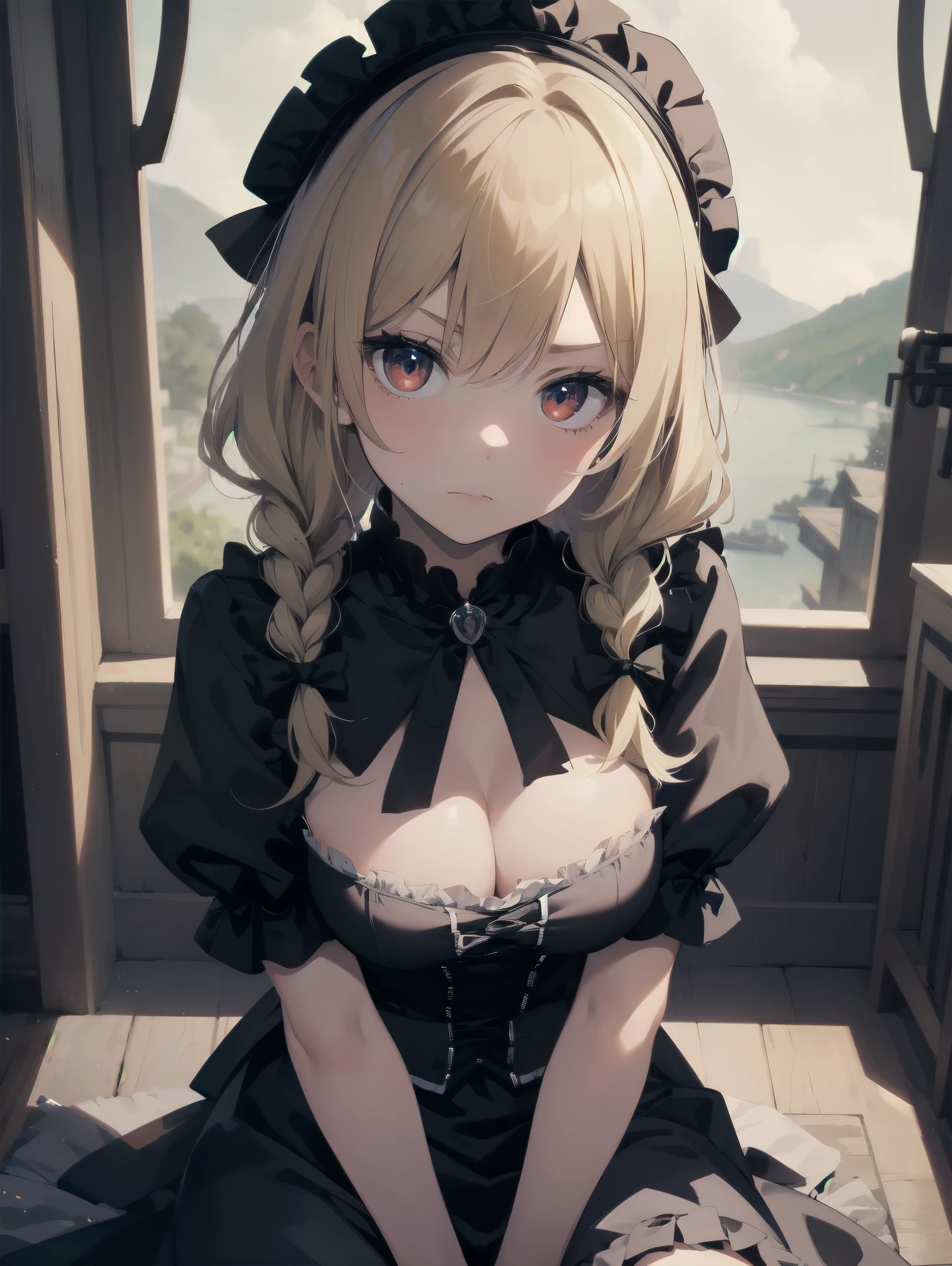 (Masterpiece: 1. 2), (Top quality: 1. 2), Perfect eyes, Perfect face, Perfect lighting, Mountain horizon, Beautiful girl like boy, Blonde hair, Upper body, Cleavage, Red eyes, Braids, Side ponytail, Bangs, Bobbed hair, Ahoy hair, Cute eyes, Great bust, (From bottom), Raw description, Orgasm, Scary, Erotic Bitch Virgin, Angry, Sideways, Bewitching, Gothic Maid, Sitting, Arms Crossed, (from above: 1. 3),.