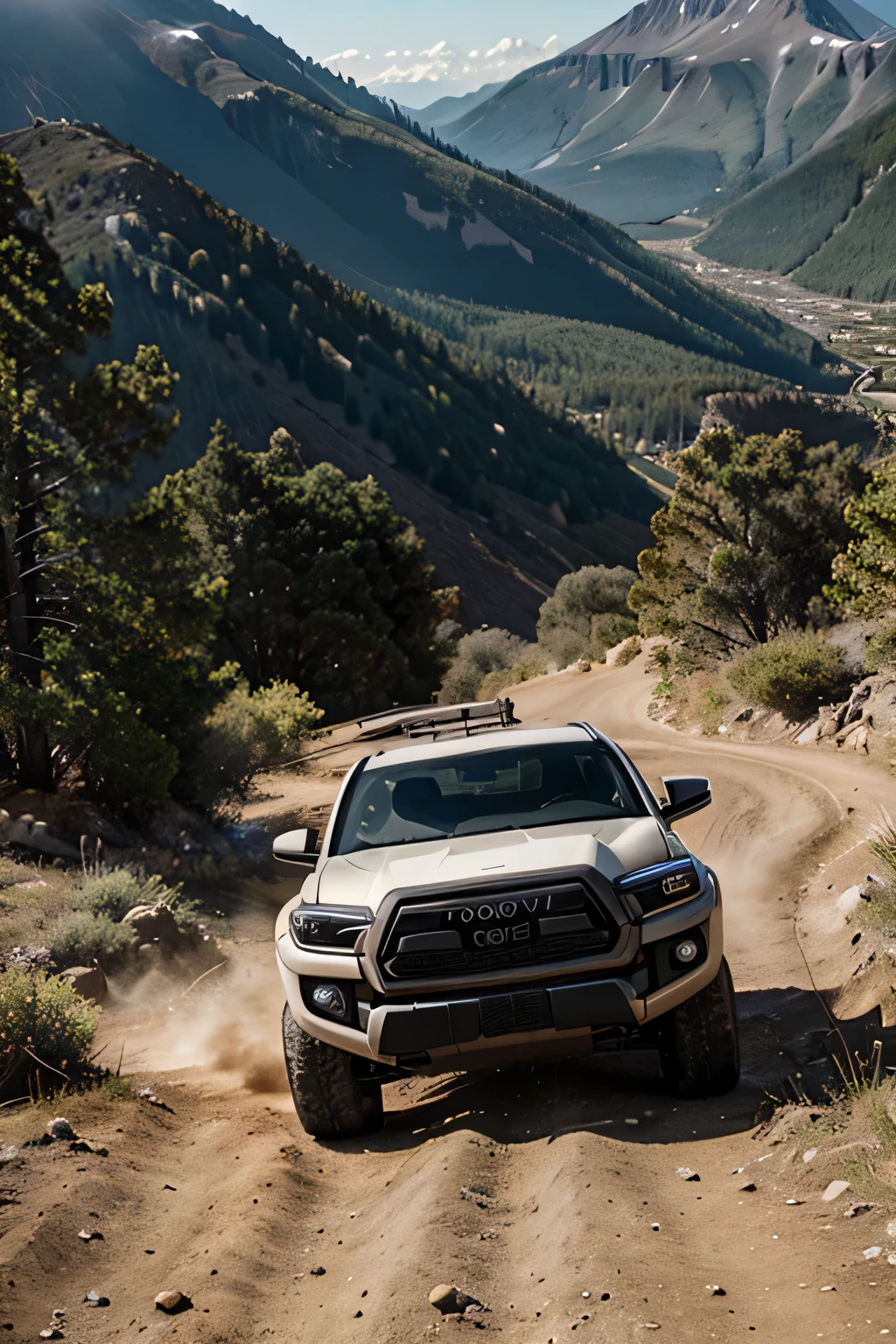I want you to make me a 2020 Toyota Tacoma going up a mountain where you can see that it is all-terrain
