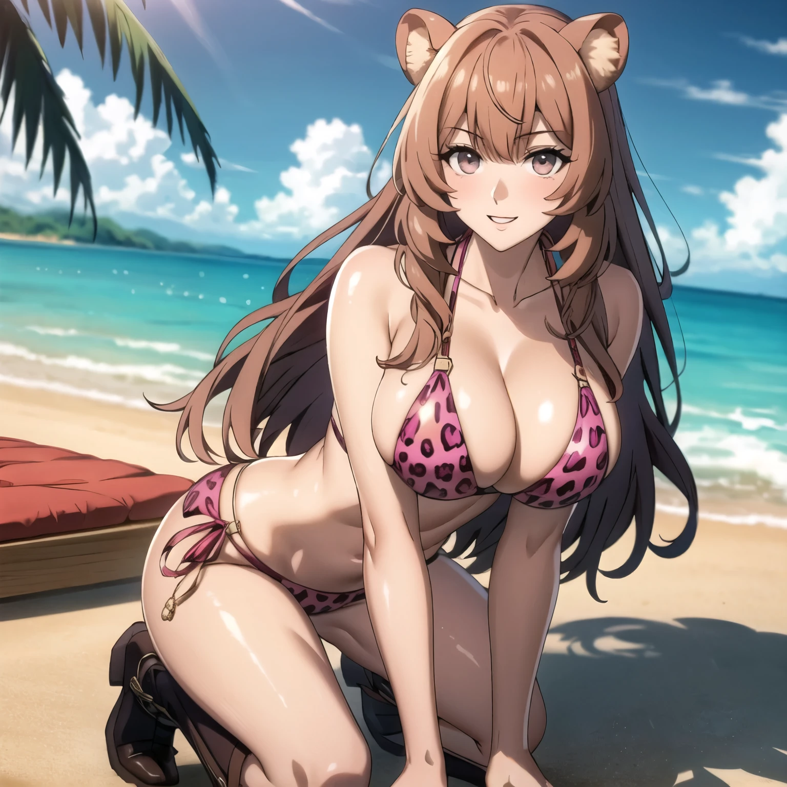 Raphtalia. beautiful woman 25 years old bear ears, cabello rubio puntas rosadas . ojos amarillos detallados alta calidad. piel bronceada, brillante. sonrisa mostrando los dientes, rubor , pechos grandes, pink jaguar design bikini, accesorios, botas rosadas, gotas de agua en su pecho, esta caminando de pie en una playa tropical iluminada por el sol, colores vivos, alta calidad. pechos primer plano