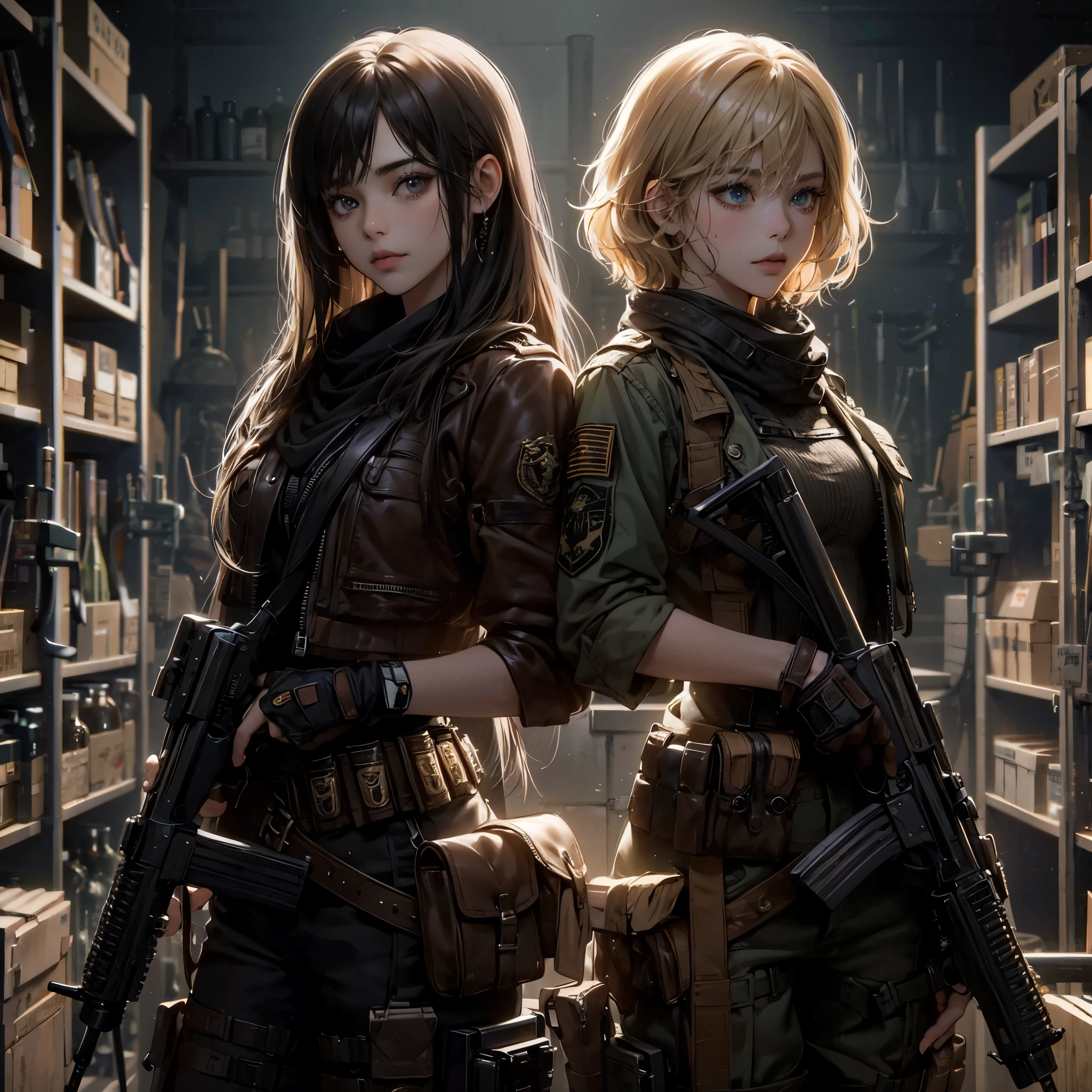 The two anime girls, with completely different hair styles and outfits, stand out amidst the controlled chaos of the armory. While one wears long, dark hair, complementing her mercenary clothing with a leather jacket and sturdy boots, the other sports short, blonde hair, combining her military outfit with a determined and brave attitude. Their determined looks and evident complicity reveal the deep connection they share as best friends in a world full of dangers and challenges., photo
