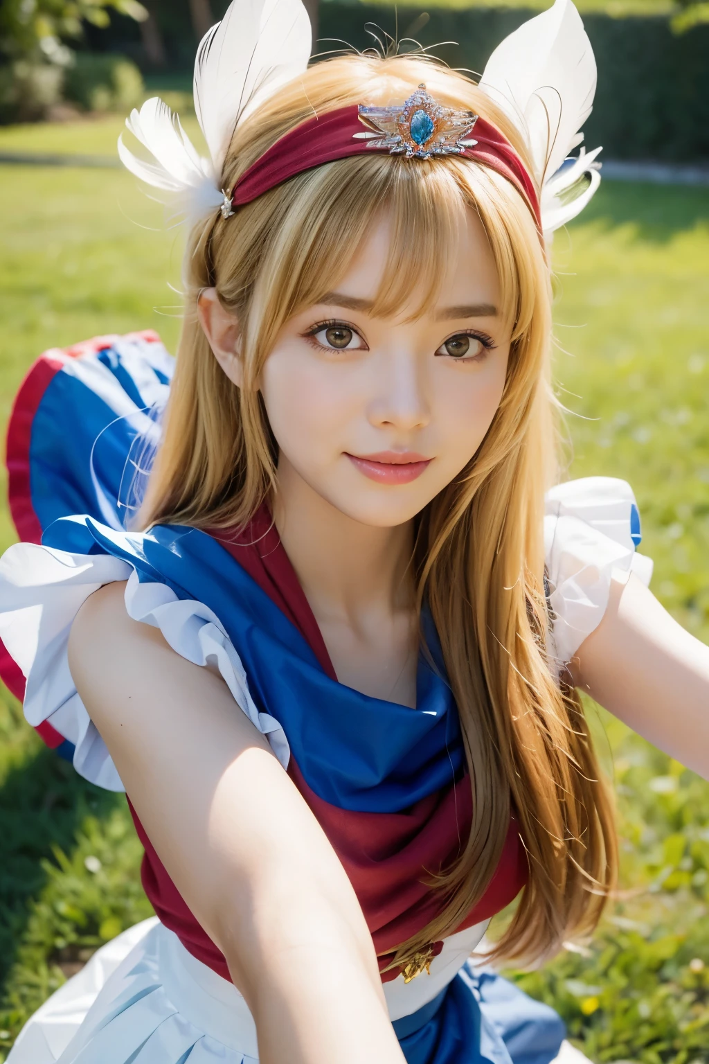 masterpiece、1 beautiful girl、fine eyes、smile,puffy eyes、highest quality, 超High resolution, (reality: 1.4), movie lighting、super beautiful、beautiful skin、body turns forward、Upper body,close up of face,(超reality的な)、(High resolution)、(8K)、(very detailed)、(美しくfine eyes)、(Super detailed)、 (wall-)、detailed face、bright lighting、professional lighting、looking at the viewer、look straight ahead、slanted bangs、perfect cosplay, highest quality,Super detailed,1 girl,alone,magic princess,blonde hair,blue clothes,blue skirt,brown eyes,feather hair band,long hair,pauldron,boots,red scarf,tiara,white shoes, flower field background,Prepare the bow