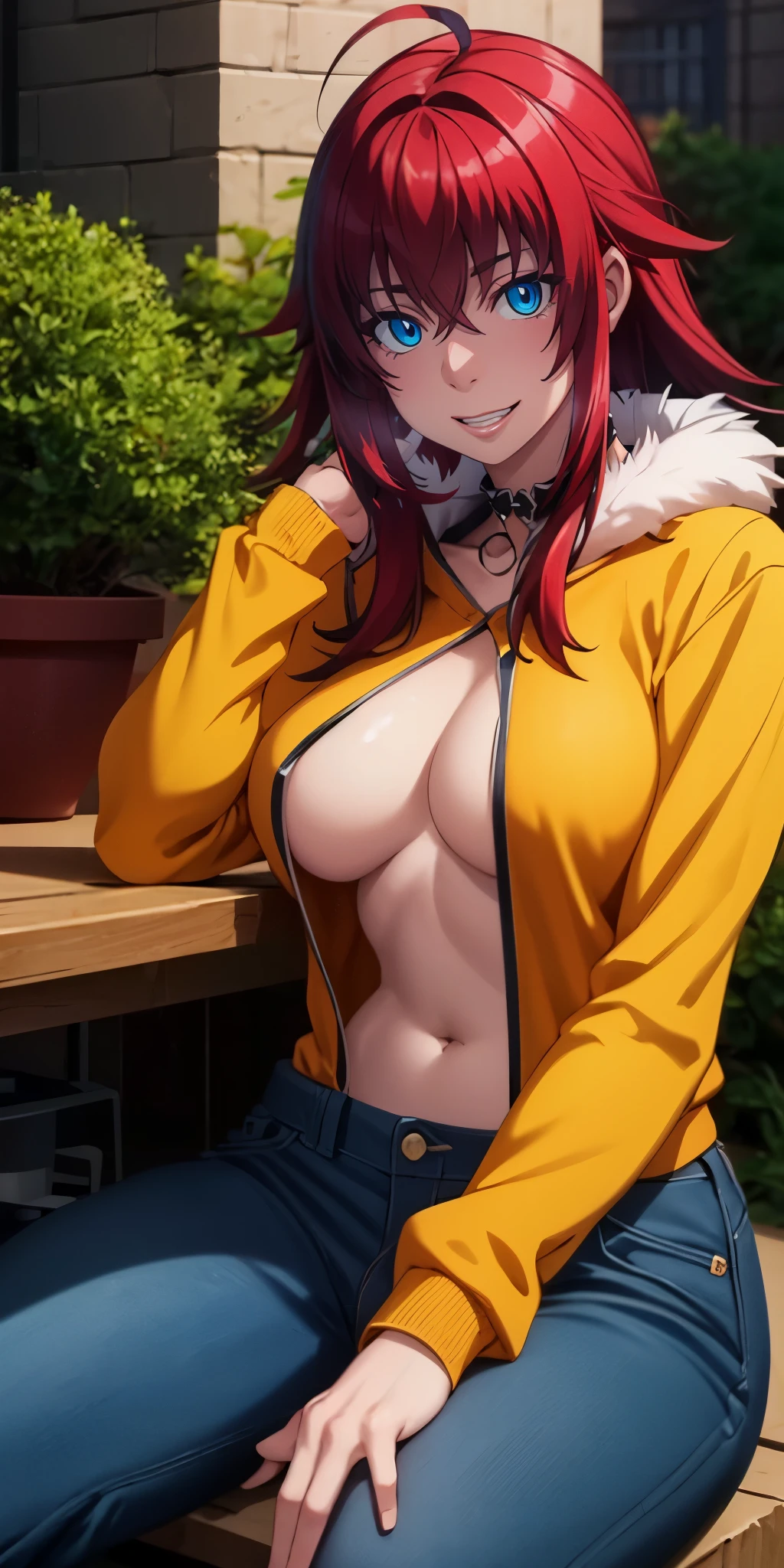 RiasGremory, red hair, long hair, blue eyes, ahoge, anatomically correct, best quality, masterpiece, high quality, high details, highres, HD, (shaded face:1.2), hollow eyes, dark-blue eyes, looking at viewer, heavy breathing, smirk, uppert teeth, 1girl, pants, sitting, blue_eyes, long_hair, jeans, plant, fur_trim, potted_plant, solo, looking_at_viewer, outdoors, tree, , toes, bangs, leaf, barefoot, large_breasts, fur_collar, sandals, feet, day, crossed_legs, blue_pants, long_sleeves, head rest, "glow effects, godrays, Hand drawn, render, 8k, octane render, cinema 4d, blender, dark, atmospheric 4k ultra detailed, cinematic, Sharp focus, big depth of field, Masterpiece, colors, 3d octane render, 4k, concept art, trending on artstation, hyperrealistic, Vivid colors, extremely detailed CG unity 8k wallpaper, trending on CGSociety, Intricate, High Detail, dramatic"
