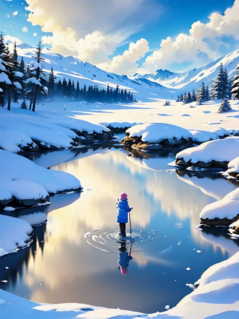 winter scenery and girl reflected on the lake surface