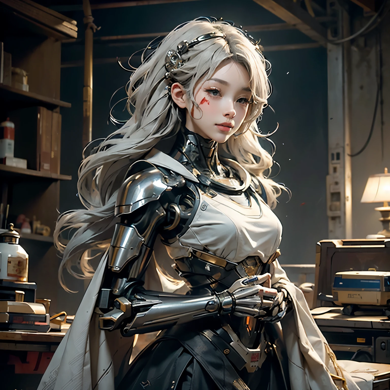 pretty face,The face is Japanese, 1 female, big deal, Curvy, (16K, original photo, top quality, masterpiece: 1.2), (high dynamic range, actual, lifelike: 1.37) (tubes connected to body), (bikini robot robot parts)))), (light gray hair), long hair, curls, Double tail, medium shot, ( seductive smile)), (black eyes), double eyelids, princess cut, from below, (whole body),pose,,in the laboratory,( A tube connected to a blood vessel),((Mechanical vertebrae attached to the back)),((Mechanical neck attached to the neck)),(Wires and cables connected to the head and body),(Character focus),Science fiction,perfect female figure,perfect anatomy, superanatomy, whole body照, between up to 4 fingers and 1 thumb, Ball joints,