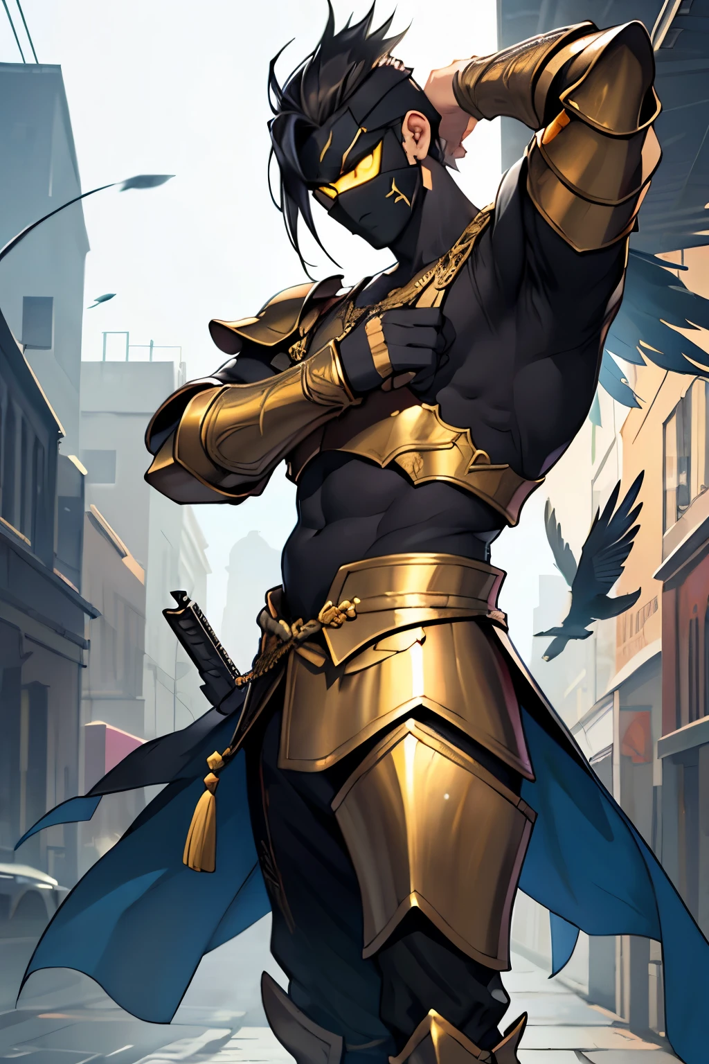 guerreiro inspirado na coruja. holding a pistol in his hands. His armor is crafted in shades of gold and gray., capacete adornado de coruja, olho vermelho e sombrio, long feathers adorn the arms and legs of the armor. fundo grego, sombras realistas, qualidade alta