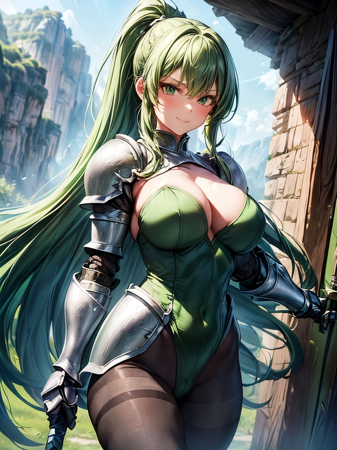 highest quality、complete limbs、one beautiful woman、(green haired woman:1.3)、long hair woman、ponytail woman、beautiful big breasted woman、big smile、female knight、(woman wearing green leotard:1.3)、((woman wearing black pantyhose))、((A woman equipped with full armor:1.5))、inside the cave、(woman with serious face)、((A woman brandishing a sword while running))