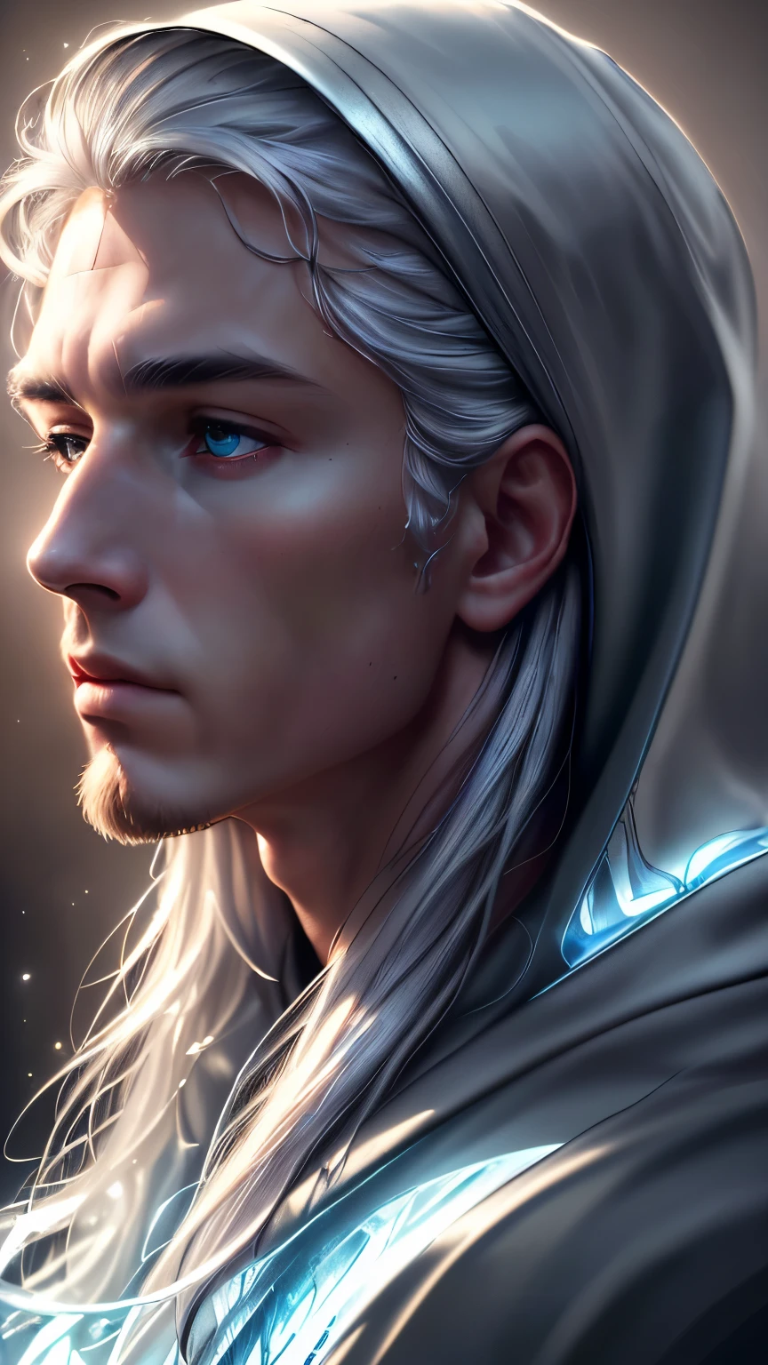 (best quality,4k,8k,highres,masterpiece:1.2),ultra-detailed,(realistic,photorealistic,photo-realistic:1.37),portrait,silver-haired gentleman,side profile,headshot,with a light blue hood,water flow and halo surrounding the head