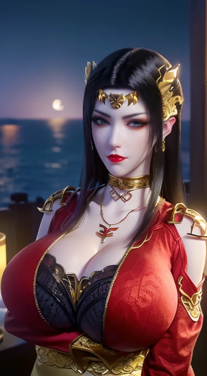 1 extremely beautiful queen, ((Wearing red thin black patterned Hanfu:1.6)), (((patterns on clothes:1.6))), ((long black hair:1.6)), Jewelry crafted from gemstones and beautiful hair, ((wearing a 24K gold lace necklace:1.4))), noble, The noble temperament of a very beautiful girl, Her  face is super cute, her face is beautiful, thin eyebrows, flawless beautiful face, ((dark circles pupils: 0.8)), very beautiful eyes, ((platinum blue eyes: 1.6)), (((big round eyes:1.6))), Beautiful makeup and hair with detailed eyelashes, steam eye makeup, high nose, earrings, red lips, ((Keep your mouth shut: 1.5)) beautiful lips, slender hands, The most beautiful thighs, ((Spread arms to both sides: 1.5)), rosy face, clean face, flawless beautiful face, Smooth and fair skin, (big breasts: 1.5)), ((high chest: 1.6)), firm breasts, beautiful cleavage, (((big breasts and super round: 1.8))), ((super firm breasts: 1.7)) , beautiful , Perfect body, back arm, Hold your chest out, Black lace trim Fine black mesh, 8k photos, super high quality, Surreal, Super 10x pixels, Optical, bright studio, bright edge, dual-tone light, (High detail skin:1.2), Ultra 8K, soft light, high quality, volumetric light, lifelike, lifelike high resolution, light, best photos, 4K, 8K quality, Blur effect, Smooth and sharp, 10×pixels, ((Sea and moonlight on night background:1.5)), aurora, lightning, 超级lifelike图形, The most realistic graphics, 1 girl, alone, alone, The image is extremely clear, surreal, (((frontal portrait: 1)))."