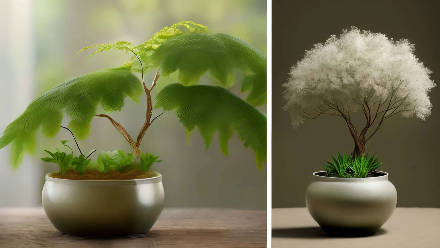 A divided image into two parts. To the left, a small, fragile plant in a pot indoors, carefully nestled amidst the cozy confines of a well-lit room. Its delicate leaves quiver in the gentle indoor breeze, symbolizing the comforts of protection and the limitations of controlled growth.

On the right, a robust, flourishing tree outdoors, its broad leaves swaying gently in the natural breeze, and its strong and visible roots extending deeply through the fertile soil. The tree represents the challenges of the vast, open world, the unyielding strength of nature, and the potential for overcoming and unlimited growth.

At the heart of the image, an arrow or