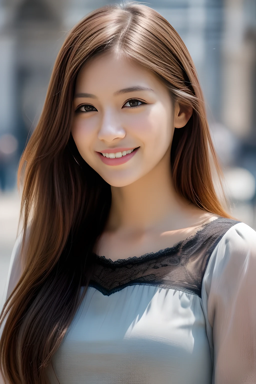 Ulchan-6500-v1.1,(masterpiece, highest quality:1.3), (Ultra-detailed 8K:1.2), (hyperrealistic:1.35),(Raw photo:1.2),highest quality, High resolution, wallpaper, realistic, ,Render with ArtStation, Trending on CGsociety, sharp focus, (dramatic, Realistic Painting Art by Midjourney:1.3) break (japanese woman:1.3), 20 years, (bewitching smile:1.3), action, gravure, sexy, super beautiful, beautiful skin, beautiful and detailed eyes, detailed face, slim, moderately, clean long hair, brunette hair, dark brown eyes, look at the camera, (full shot:1.3),(lace dress, Fabric texture details:1.3) break bright lighting, professional lighting, face light, smooth lighting, (Florence cityscape lined with Gothic architecture:1.3)