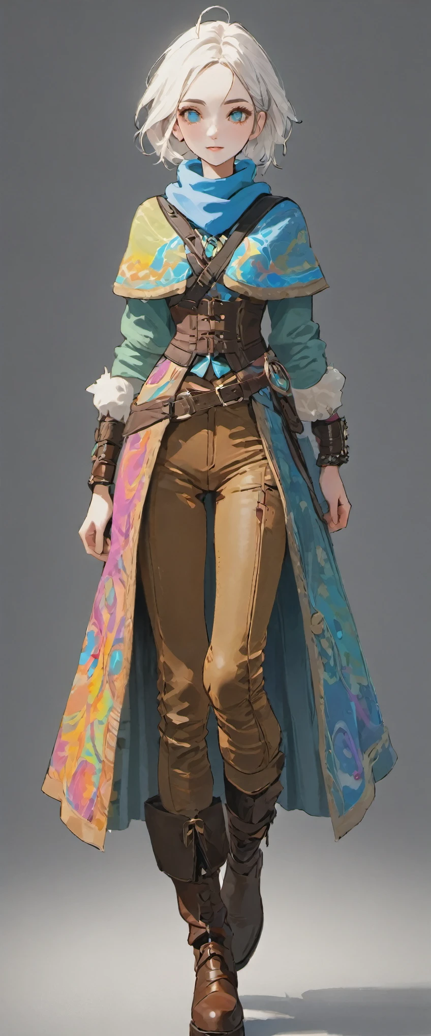 ((sparkling white hair)), white hair, female adventurer, full body, game art style, (masterpiece),  (muted multicolor print clothing 1:5), scarves, leather belts, half skirt over pants and boots, flowing blouse and leather corset, best quality, highres, 4k, 8k, Detailed Illustration, intricate detail, cinematic lighting, amazing quality, 1girl, fit female, amazing shading, soft lighting, facing camera, perfect eyes