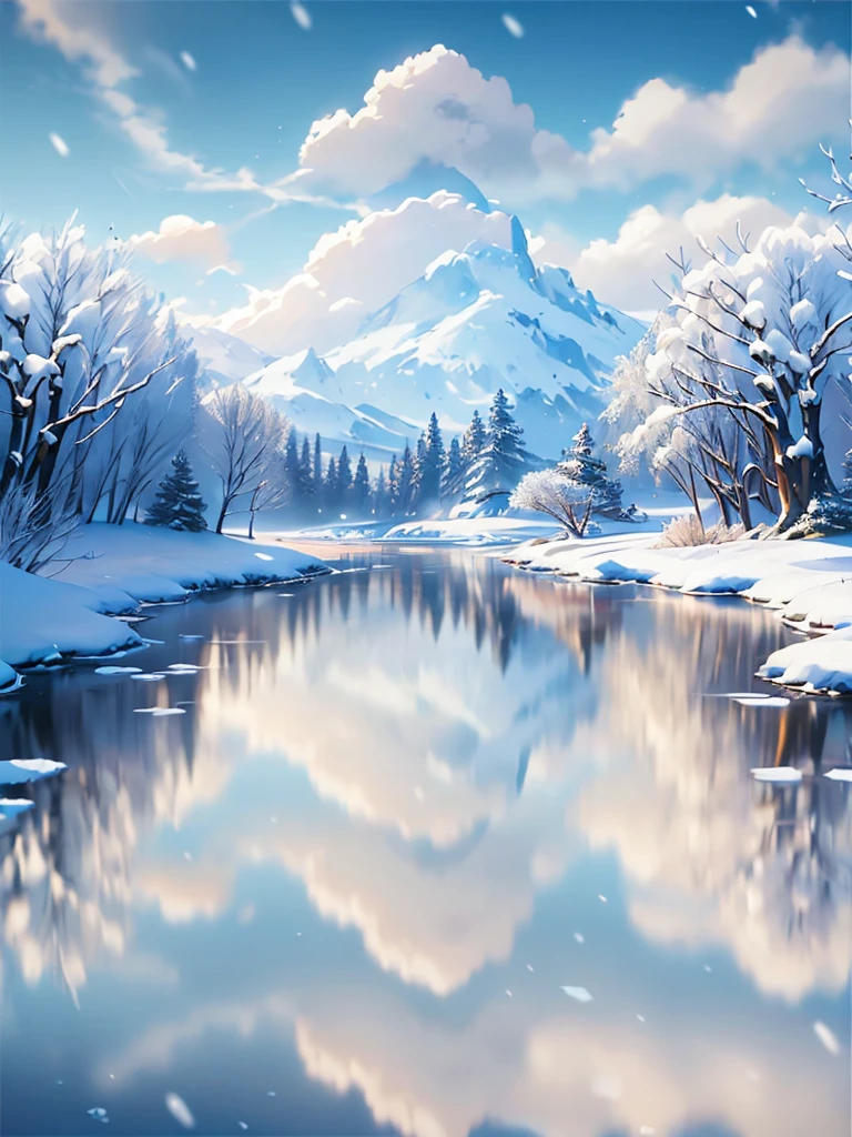 winter scenery,girl reflected on the lake surface,snow-covered landscape,frozen lake,icy trees,frosty air,crisp winter morning,serene atmosphere,tranquil environment,sunlight shining through the clouds,misty sky,soft snowflakes falling,glistening frost on the branches,reeds poking through the ice,subtle ripples on the water's surface,delicate snow-covered footprints,peaceful solitude,blurred reflection of the girl in the water,blue and white color palette,subdued lighting,subtle shadows,dramatic contrast between light and dark areas,calm and stillness of the scene (best quality,4k,8k,highres,masterpiece:1.2),ultra-detailed,photorealistic:1.37,HDR,UHD,sharp focus,professional,subtle color transitions.