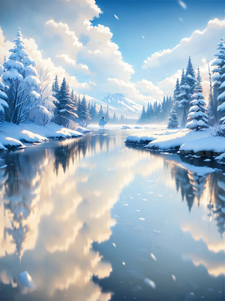 winter scenery,girl reflected on the lake surface,snow-covered landscape,frozen lake,icy trees,frosty air,crisp winter morning,serene atmosphere,tranquil environment,sunlight shining through the clouds,misty sky,soft snowflakes falling,glistening frost on the branches,reeds poking through the ice,subtle ripples on the water's surface,delicate snow-covered footprints,peaceful solitude,blurred reflection of the girl in the water,blue and white color palette,subdued lighting,subtle shadows,dramatic contrast between light and dark areas,calm and stillness of the scene (best quality,4k,8k,highres,masterpiece:1.2),ultra-detailed,photorealistic:1.37,HDR,UHD,sharp focus,professional,subtle color transitions.