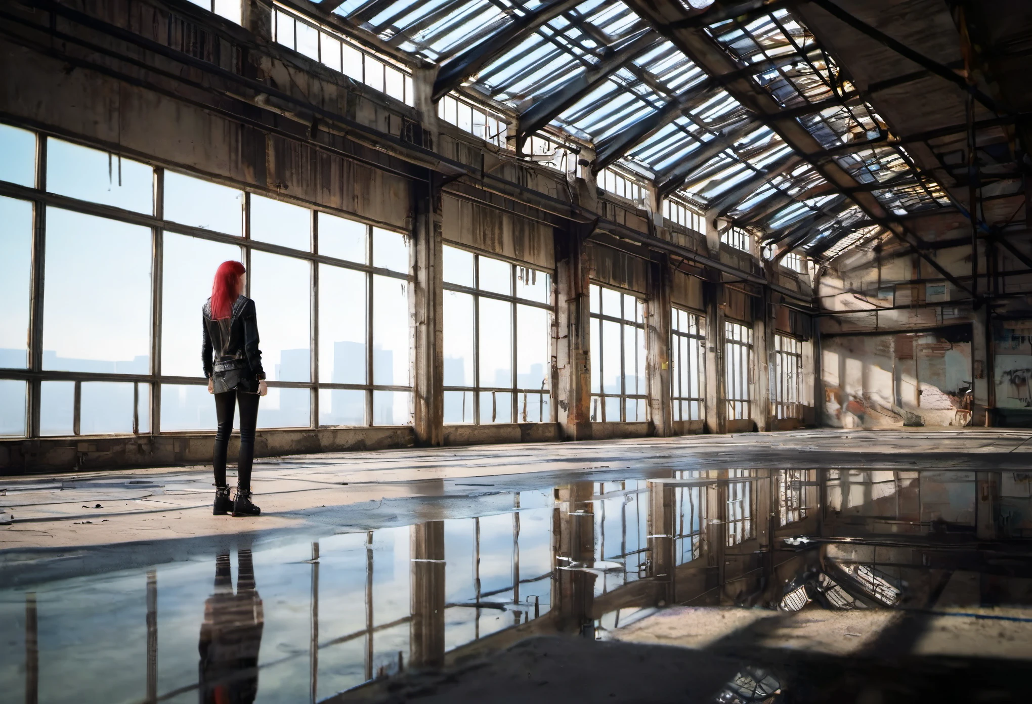 You are looking at the back of a 25 year old female punk, she is standing in a vast abandoned warehouse, the view is isometric with a vanishing point perspective moving away to the distance, the woman is standing 3 feet from a bank of storey height windows that span the entire lefthand side of the building, the floor is covered with a thin layer of crystal clear water creating a perfect mirror reflection, reflecting the thousands of windows that dpan the building wall perfectly as if they were real, like god himself created this reflection, pure perfection, the woman and windows are mirrored in macro detail on the water's surface creating the most pristine symmetrical duplicate image ever beholden, (ultra-realistic RAW photographic image, masterpiece, best quality:1.4), absurdres, huge filesize 