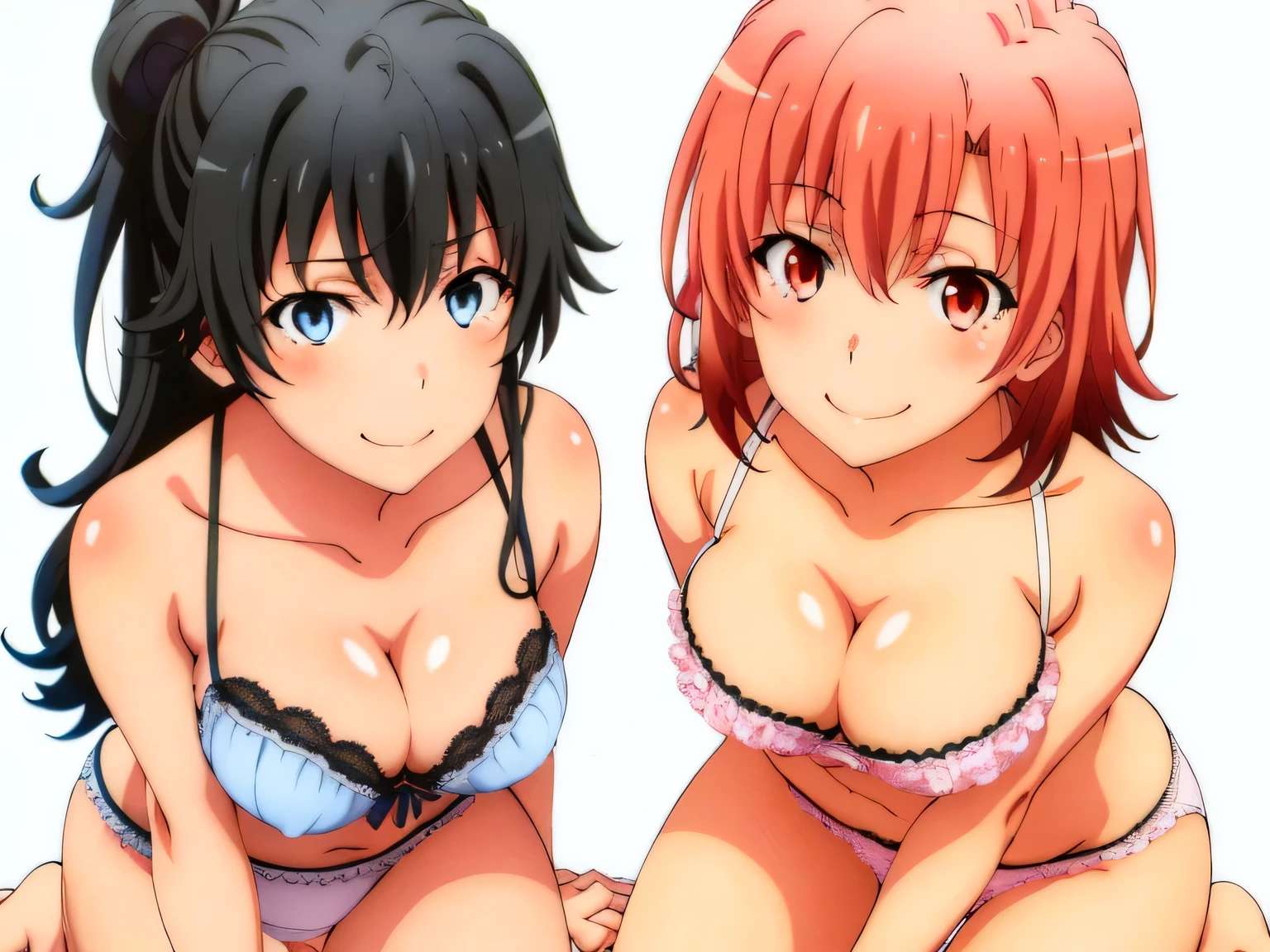 2 girls , Yukinoshita Yukino , yuigahama yui&#39;bust and thighs are great,In underwear,squat forward,Behind your hands,silk good,belly button,light pink panties,white panties,thighs,knee calf,hold the calf with both hands,raise your legs,((high angle)),(beautiful eyes),open your mouth,smile,Insert your head